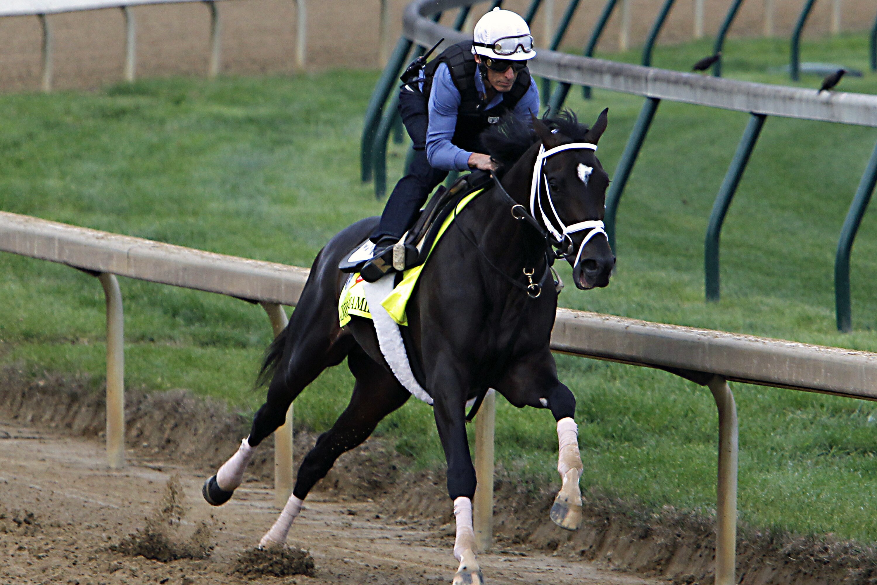 Jockey John Velazquez puts Kentucky Derby hopeful Always Dreaming through a workout at Churchill Downs in Louisville, Ky., Friday, Apr.28, 2017. Always Dreaming, trained by Todd Pletcher, is one of five colts eyeing the May 6th race in his care. (AP Photo/Garry Jones)