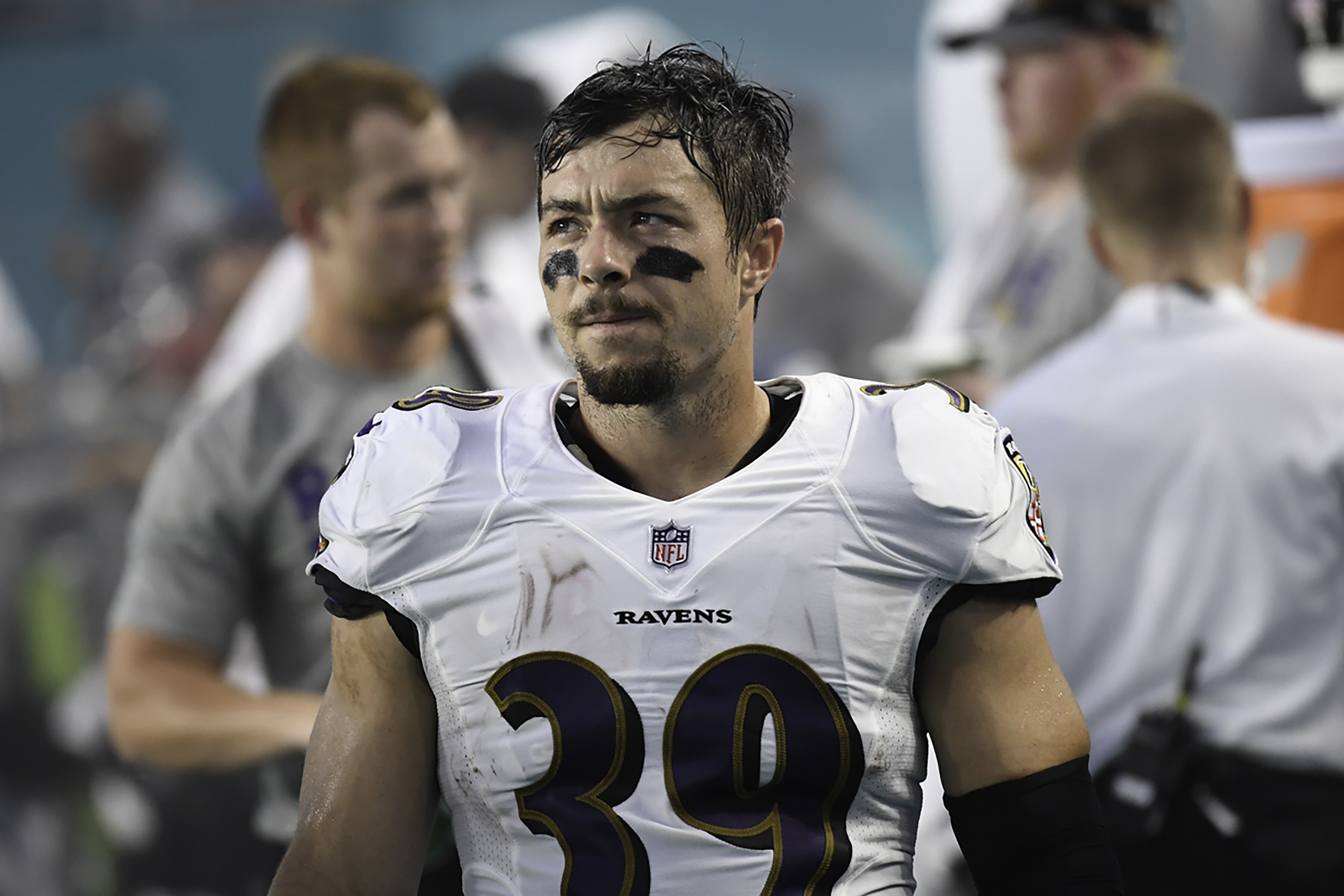 MIAMI GARDENS, FL - AUGUST 17: Running back Danny Woodhead #39 of the Baltimore Ravens looks on during a preseason game against the Miami Dolphins at Hard Rock Stadium on August 17, 2017 in Miami Gardens, Florida. (Photo by Ron Elkman/Sports Imagery/ Getty Images)