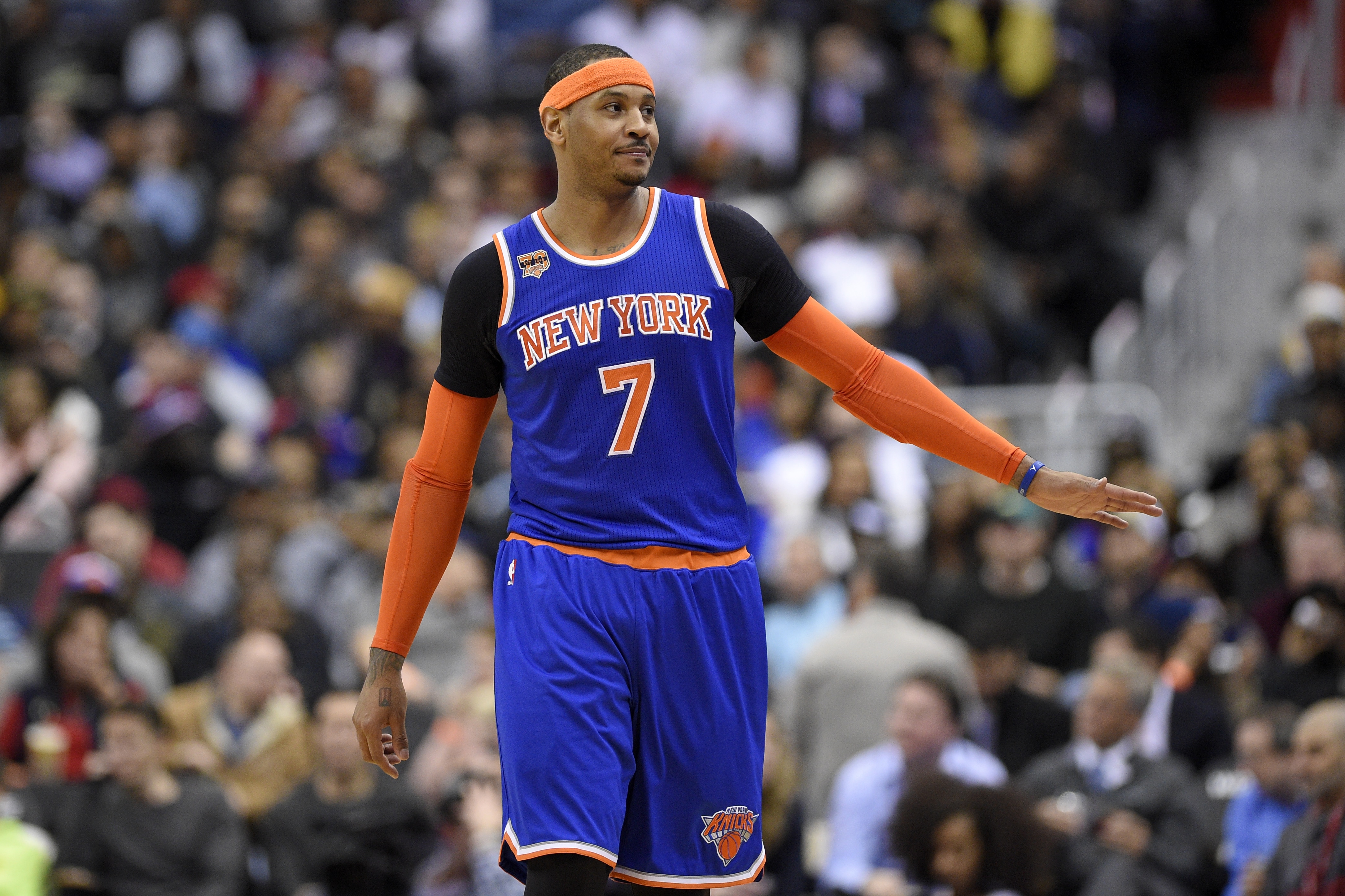 New York Knicks forward Carmelo Anthony (7) looks on during the second half of an NBA basketball game against the Washington Wizards, Tuesday, Jan. 31, 2017, in Washington. The Wizards won 117-101. (AP Photo/Nick Wass)