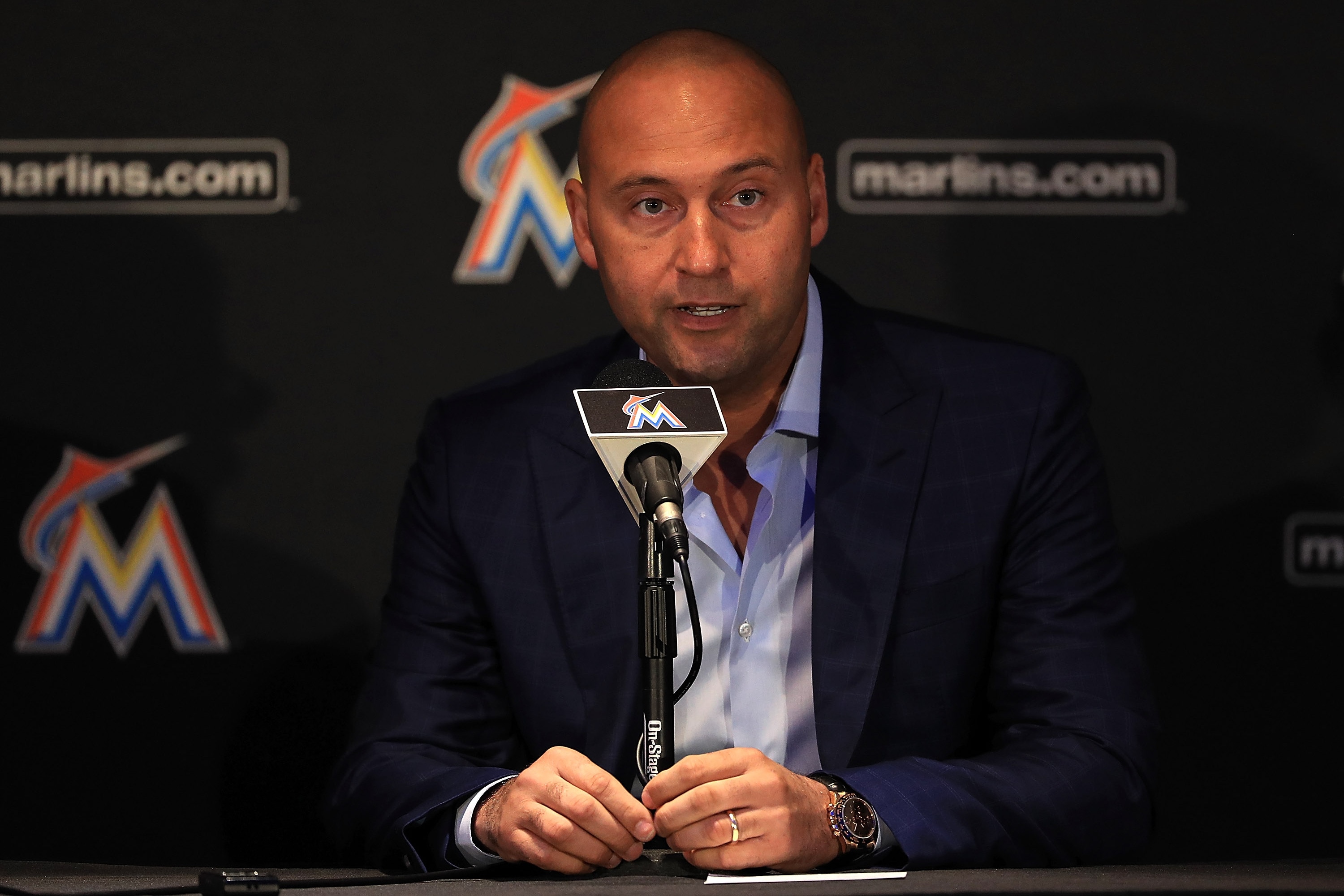 MIAMI, FL - OCTOBER 03: Miami Marlins CEO Derek Jeter speak with members of the media at Marlins Park on October 3, 2017 in Miami, Florida. (Photo by Mike Ehrmann/Getty Images)