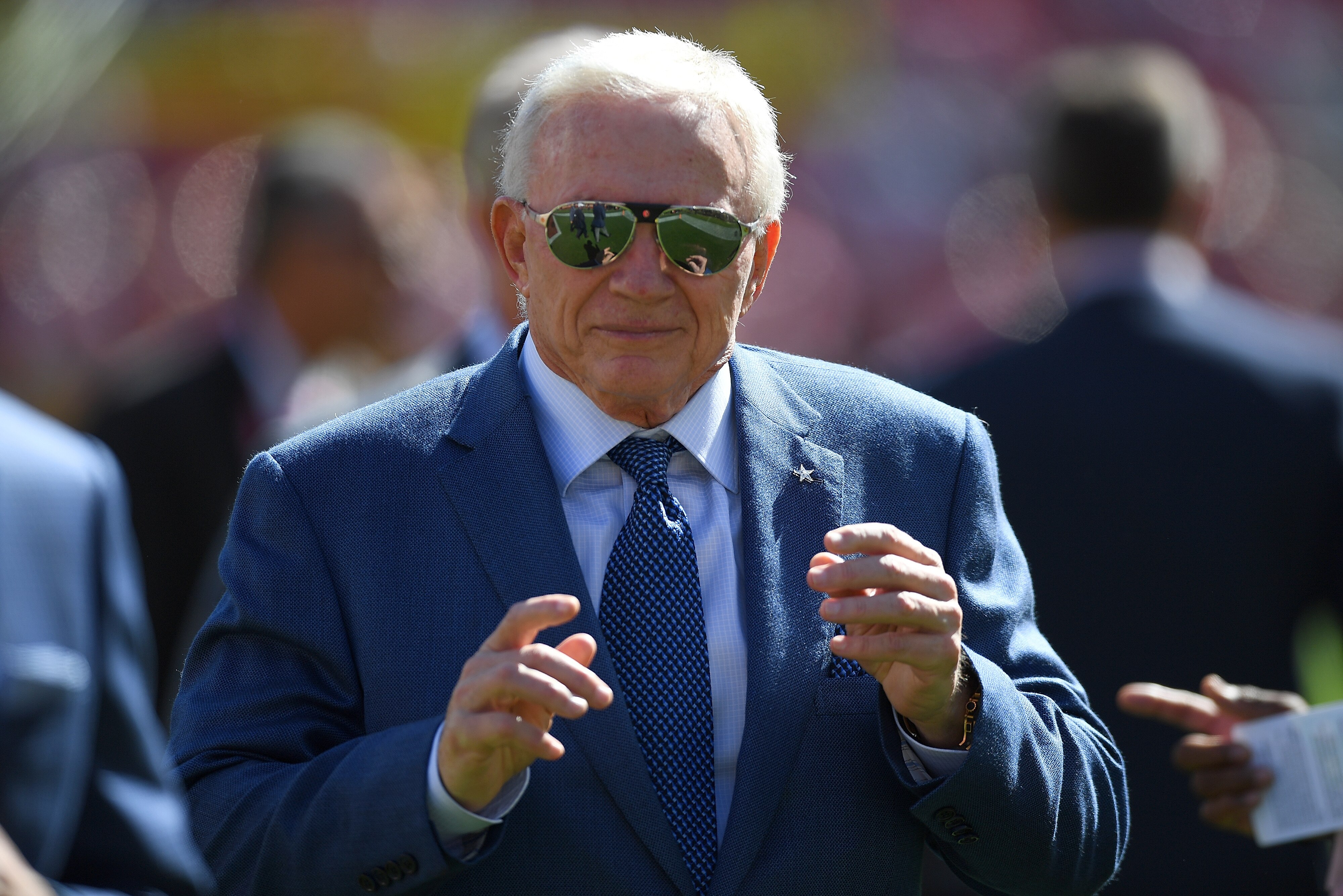 SANTA CLARA, CA - OCTOBER 22:  Dallas Cowboys owner Jerry Jones looks on as he walks off the field after his team warms up prior to the start of an NFL football game against the San Francisco 49ers at Levi's Stadium on October 22, 2017 in Santa Clara, California.  (Photo by Thearon W. Henderson/Getty Images)