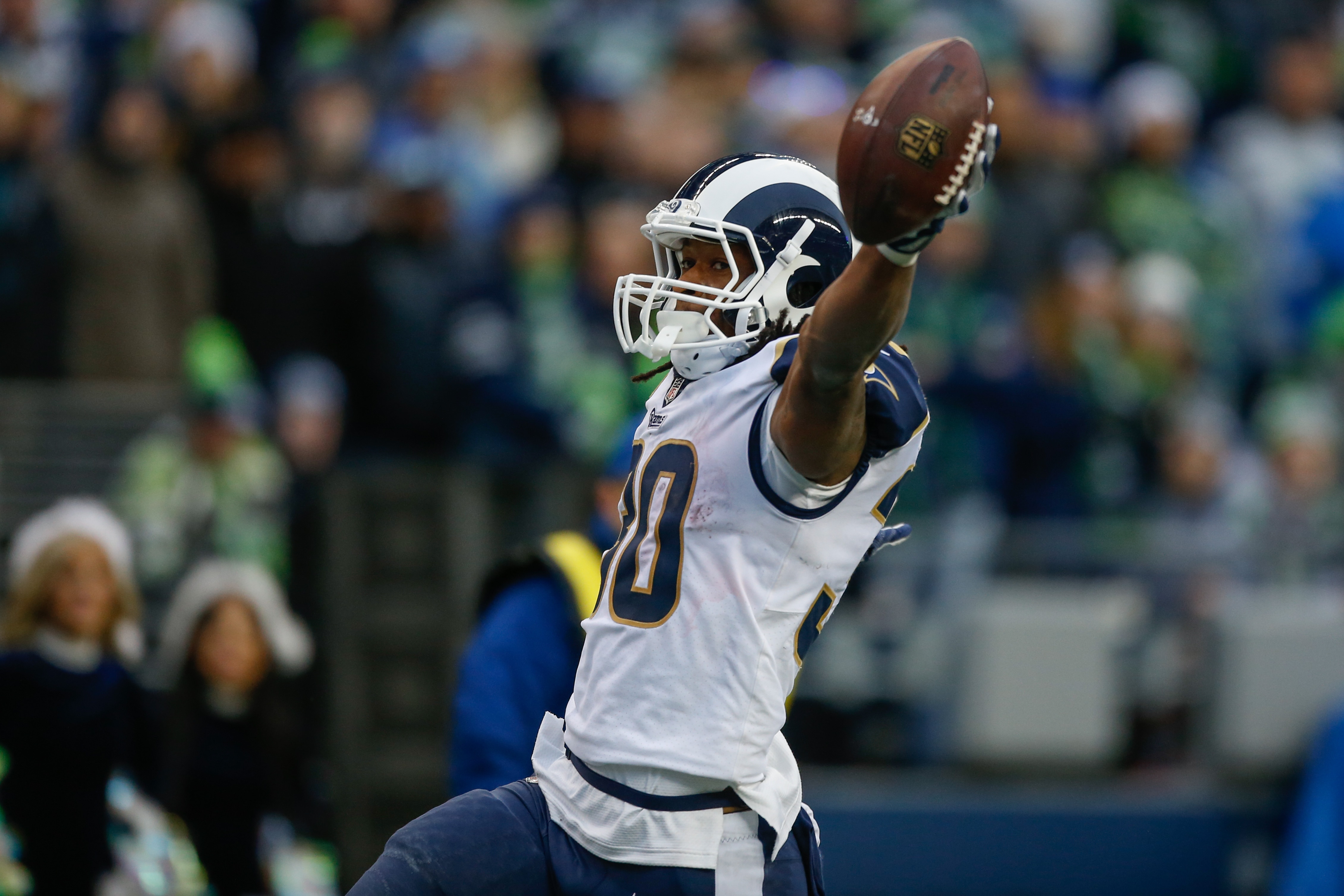 SEATTLE, WA - DECEMBER 17: Running back Todd Gurley #30 of the Los Angeles Rams celebrates a touchdown against the Seattle Seahawks in the third quarter of the game at CenturyLink Field on December 17, 2017 in Seattle, Washington. (Photo by Otto Greule Jr /Getty Images)