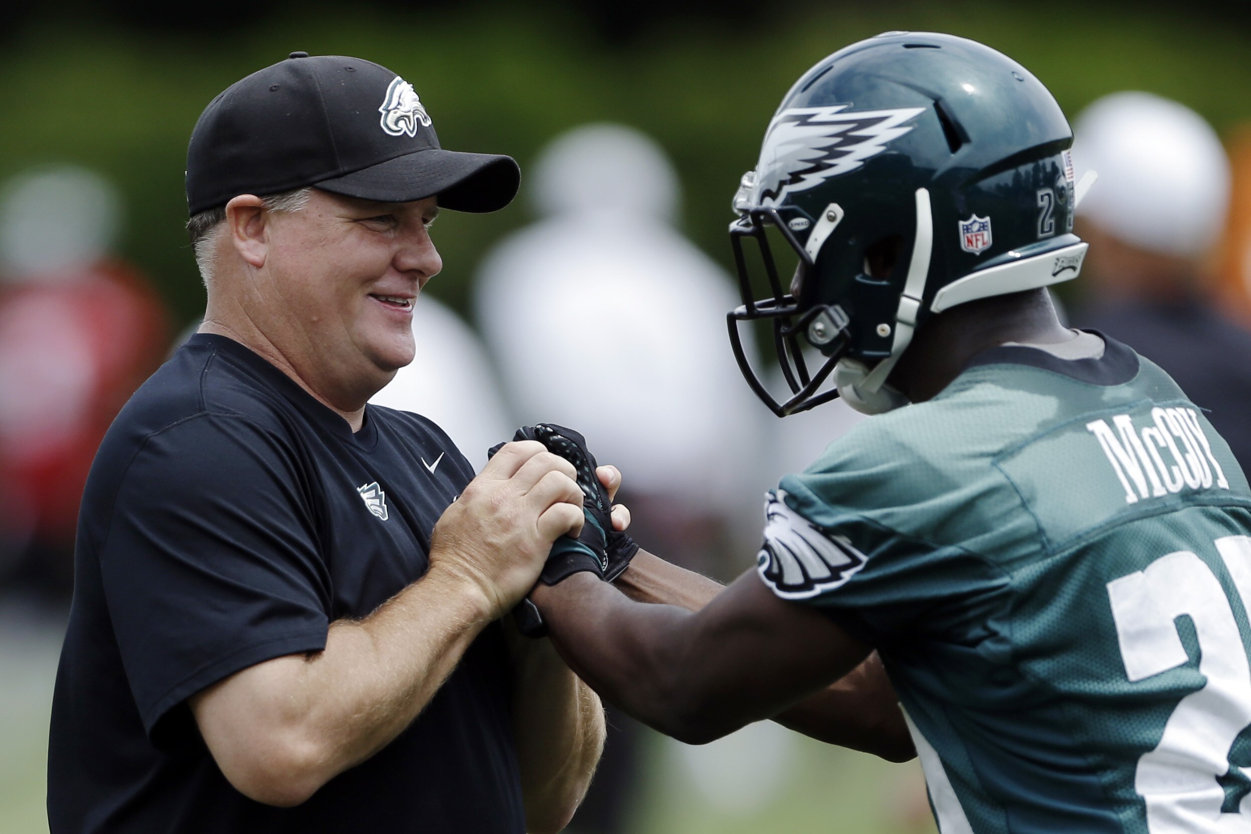Philadelphia Eagles head coach Chip Kelly meets with LeSean McCoy during NFL football practice at the team's training facility, Thursday, June 6, 2013, in Philadelphia. (AP Photo/Matt Rourke)