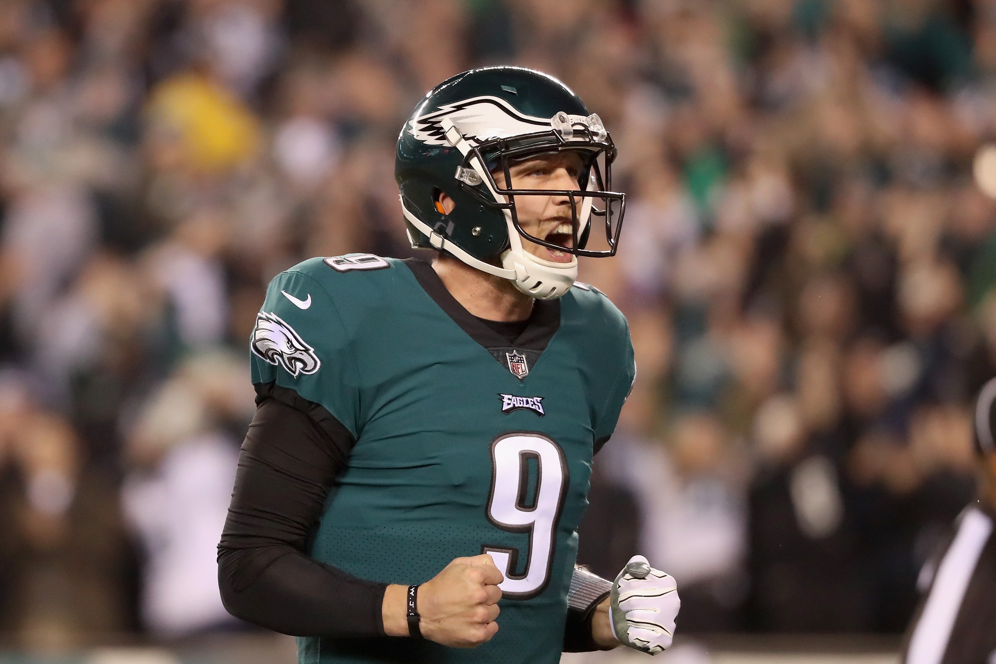 PHILADELPHIA, PA - JANUARY 21: Nick Foles #9 of the Philadelphia Eagles celebrates a second quarter touchdown by teammate LeGarrette Blount (not pictured) against the Minnesota Vikings in the NFC Championship game at Lincoln Financial Field on January 21, 2018 in Philadelphia, Pennsylvania. (Photo by Abbie Parr/Getty Images)