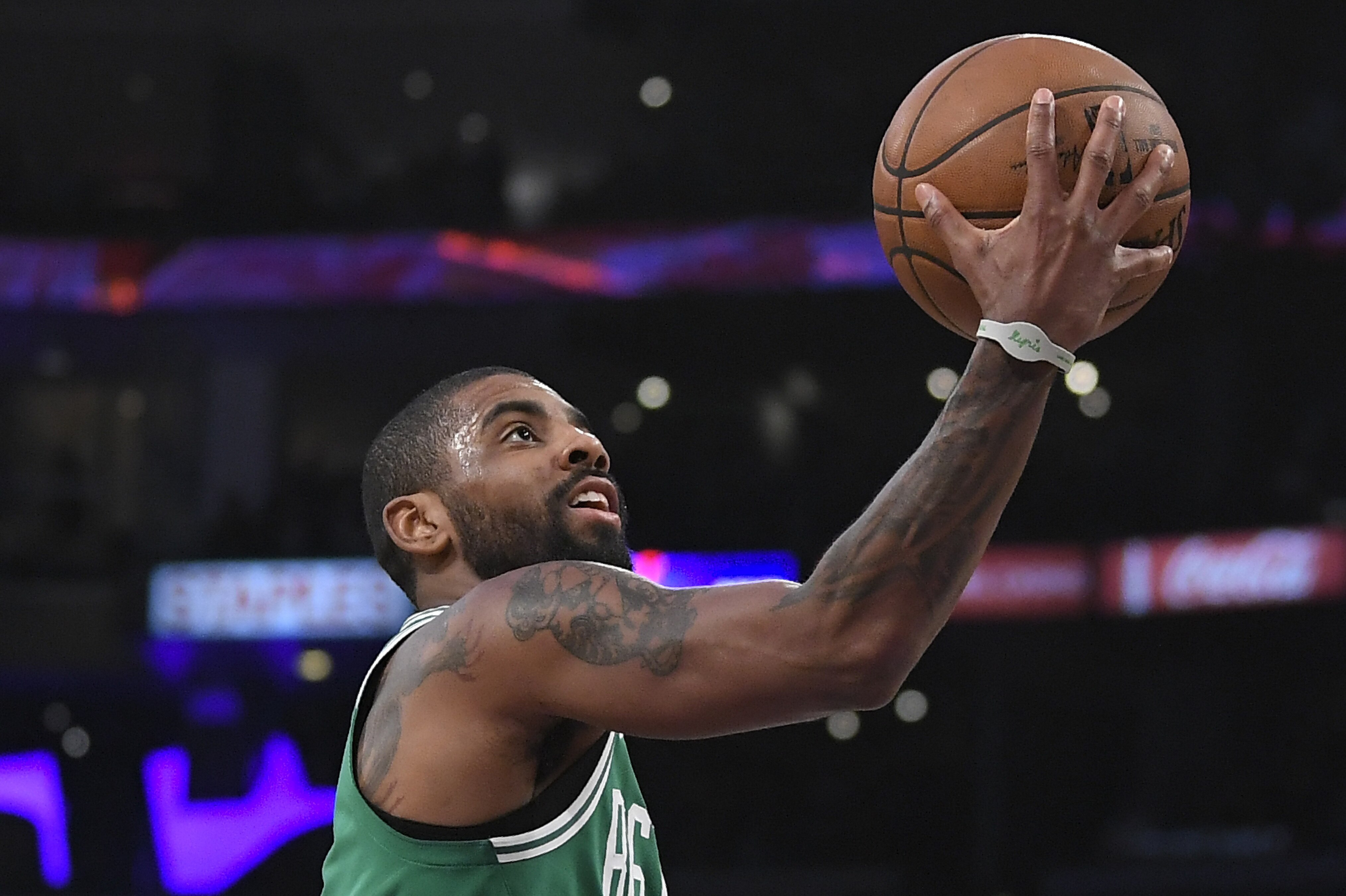 Boston Celtics guard Kyrie Irving shoots during the second half of an NBA basketball game against the Los Angeles Lakers, Tuesday, Jan. 23, 2018, in Los Angeles. The Lakers won 108-107. (AP Photo/Mark J. Terrill)