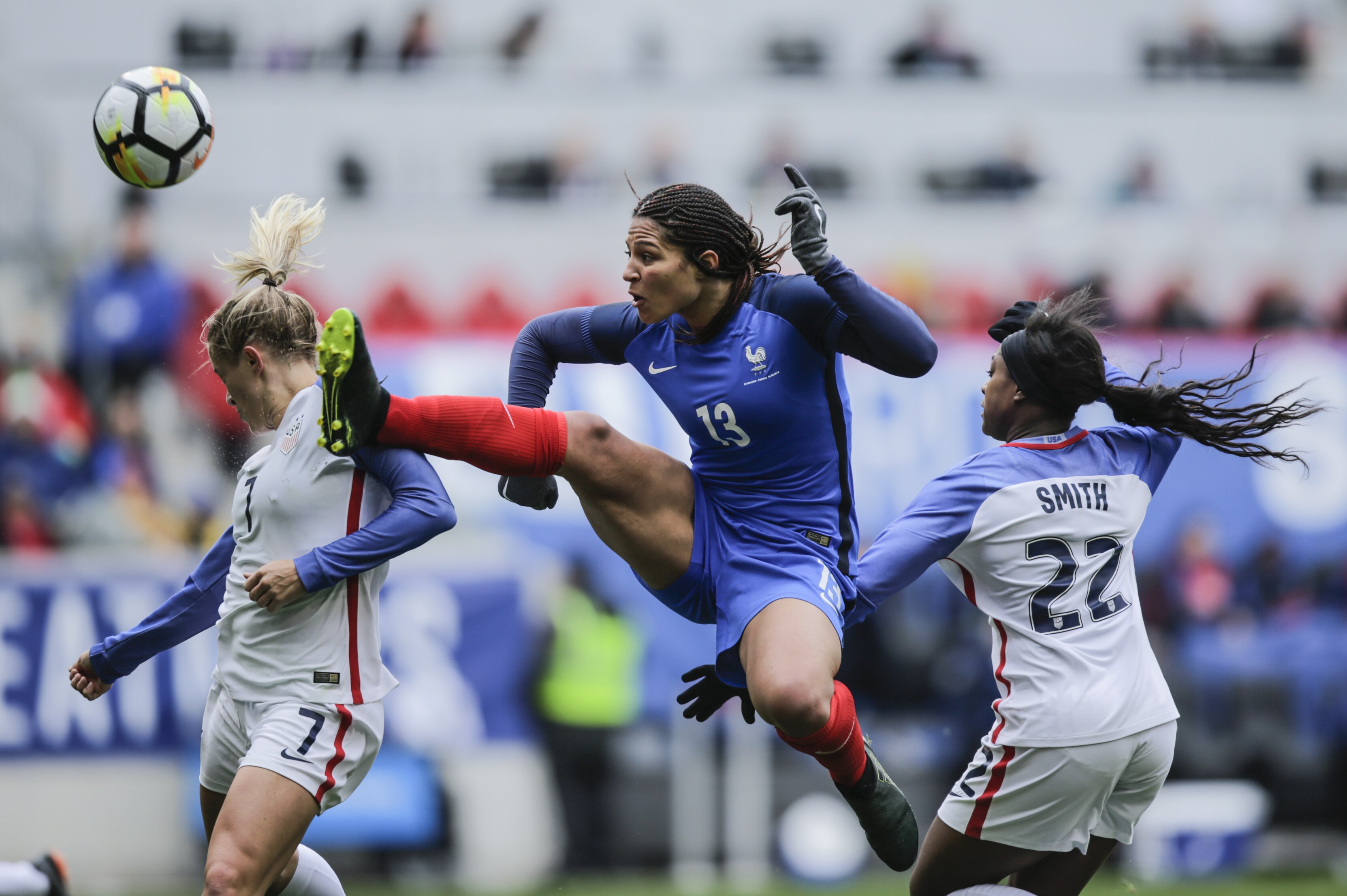 France's Valerie Gauvin kicks the ball during the first half of a SheBelieves Cup soccer match between France and the US at the Red Bulls Stadium on March 4, 2018 in Harrison, New Jersey. / AFP PHOTO / KENA BETANCUR (Photo credit should read KENA BETANCUR/AFP/Getty Images)