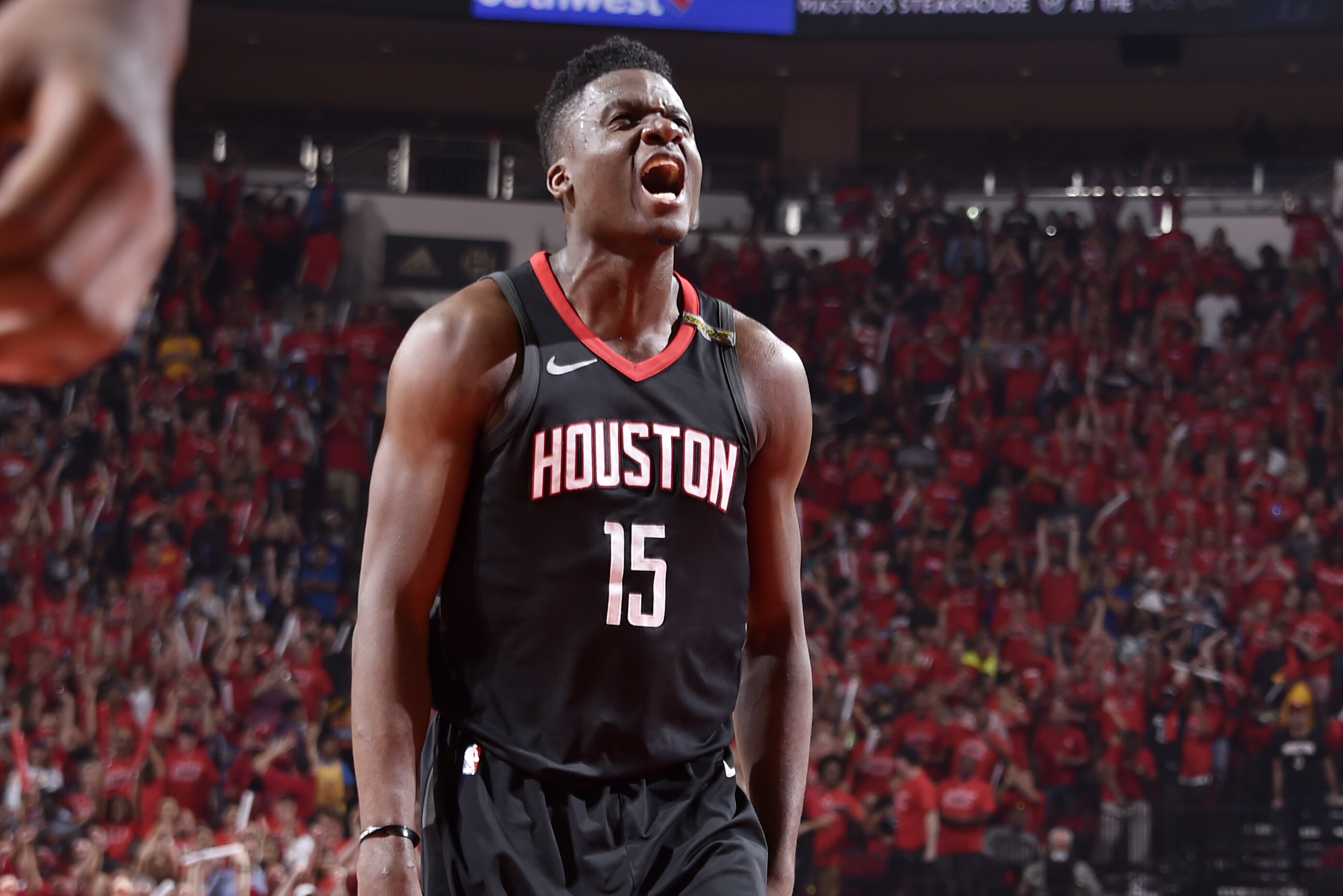 HOUSTON, TX - MAY 28: Clint Capela #15 of the Houston Rockets reacts against the Golden State Warriors in Game Seven of the Western Conference Finals during the 2018 NBA Playoffs on May 28, 2018 at the Toyota Center in Houston, Texas. NOTE TO USER: User expressly acknowledges and agrees that, by downloading and or using this photograph, User is consenting to the terms and conditions of the Getty Images License Agreement. Mandatory Copyright Notice: Copyright 2018 NBAE (Photo by Bill Baptist/NBAE via Getty Images)