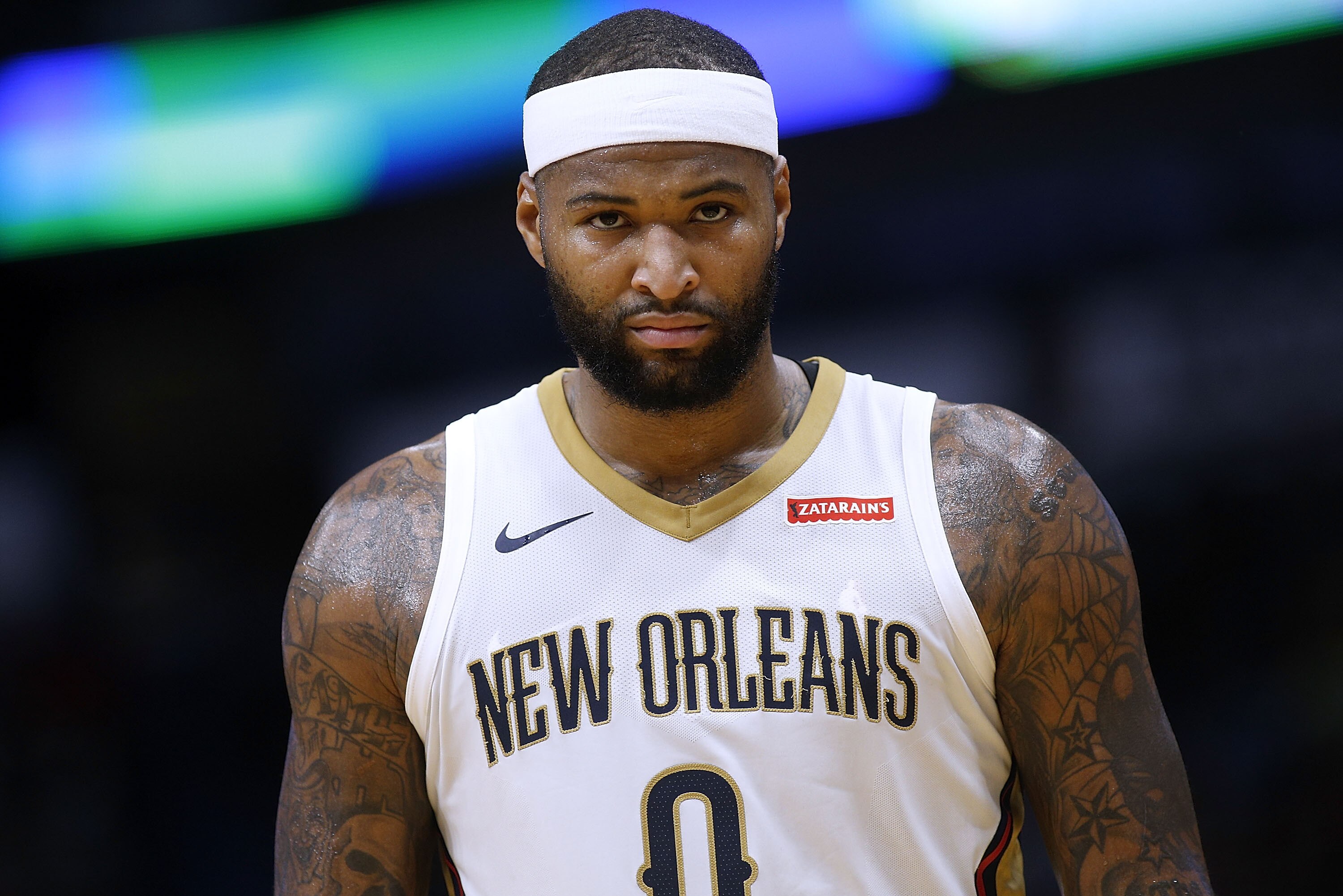 NEW ORLEANS, LA - DECEMBER 04: DeMarcus Cousins #0 of the New Orleans Pelicans reacts during the first half of a game against the Golden State Warriors at the Smoothie King Center on December 4, 2017 in New Orleans, Louisiana. NOTE TO USER: User expressly acknowledges and agrees that, by downloading and or using this Photograph, user is consenting to the terms and conditions of the Getty Images License Agreement. (Photo by Jonathan Bachman/Getty Images)