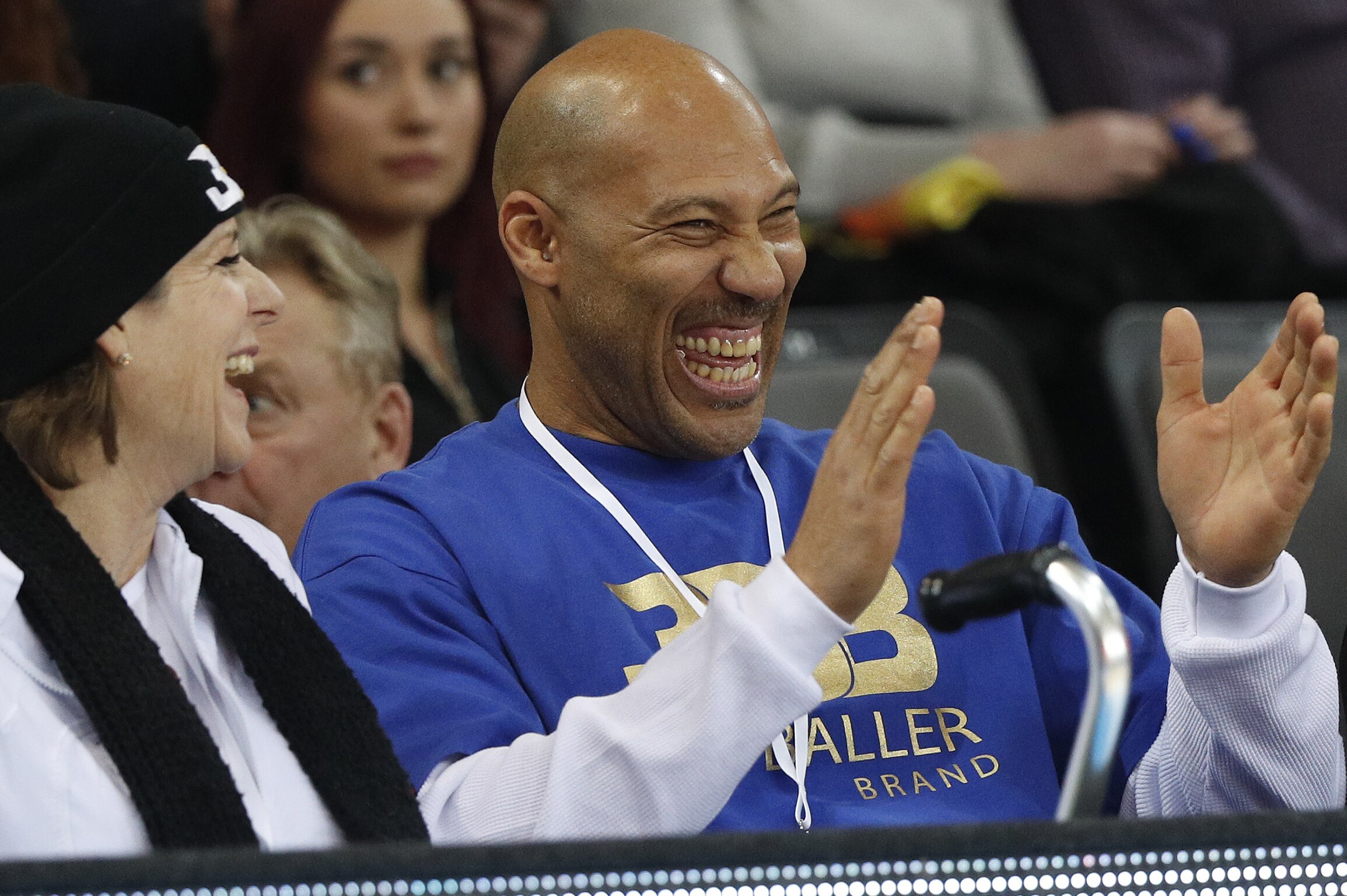 LaVar Ball watches his sons during the Big Baller Brand Challenge friendly tournament match between BC Prienu Vytautas and BC Zalgiris-2 at the BC Prienai-Birstonas Vytautas arena, in Prienai, Lithuania, Tuesday, Jan. 9, 2018. LiAngelo Ball and LaMelo Ball, sons of former basketball player LaVar Ball, have signed a one-year contract and play their first match for Lithuanian professional basketball club Prienu Vytautas. (AP Photo/Liusjenas Kulbis)