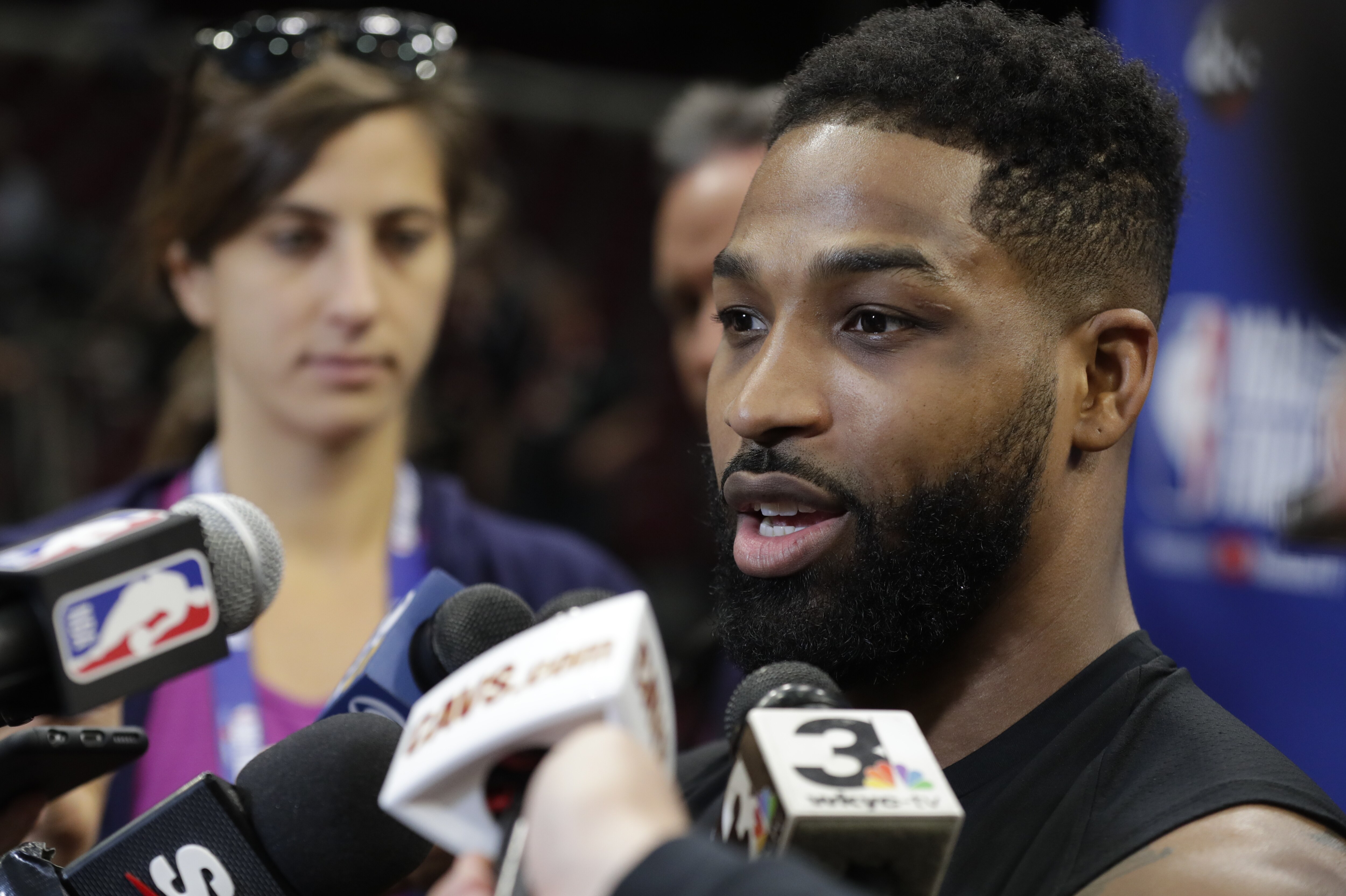 Cleveland Cavaliers center Tristan Thompson (13) speaks during an press conference following the basketball team's practice during the NBA Finals, Thursday, June 7, 2018, in Cleveland. The Warriors lead the series 3-0 with Game 4 on Friday. (AP Photo/Michael Conroy)