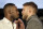 FILE - In this Nov. 2, 2018, file photo, Jon Jones, left, and Alexander Gustafsson face off while posing for photographers during a news conference talking about their light heavyweight mixed martial arts bout at Madison Square Garden in New York. A mixed martial arts rematch this weekend between Gustafsson and former UFC light heavyweight champion Jones is being moved from Las Vegas to the Los Angeles area. (AP Photo/Julio Cortez, File)