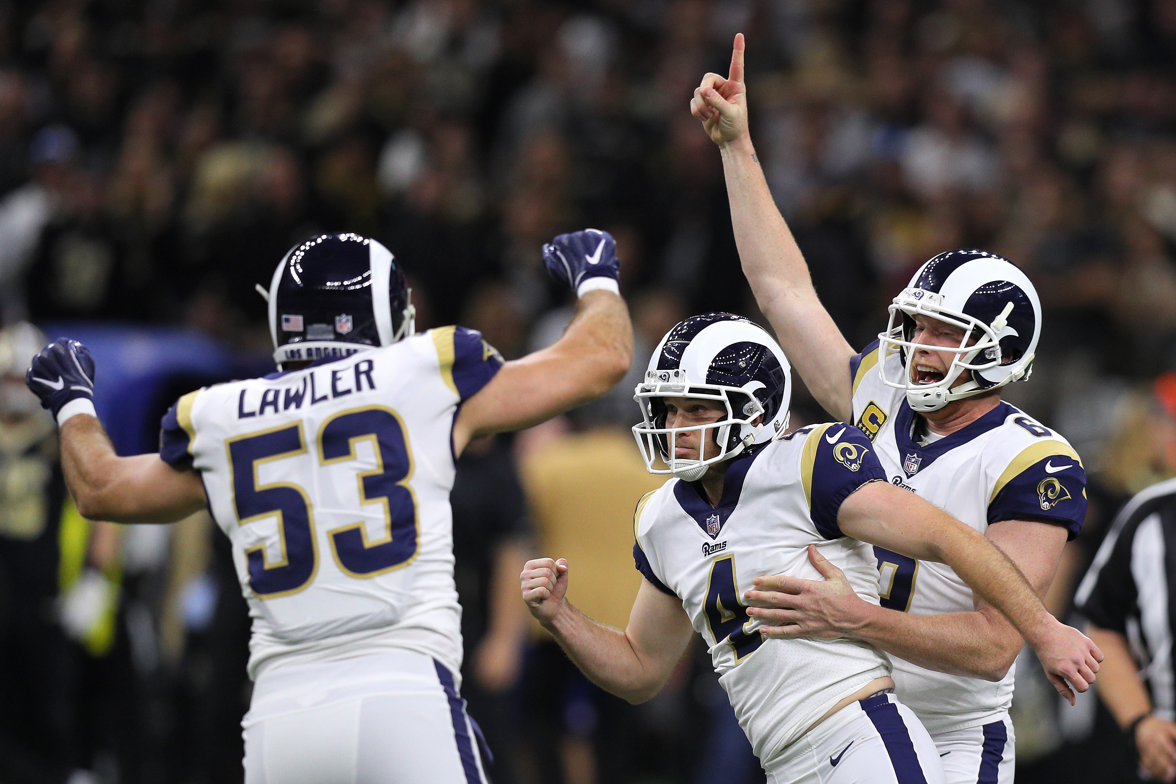 NEW ORLEANS, LOUISIANA - JANUARY 20: Greg Zuerlein #4 of the Los Angeles Rams celebrates after kicking the game winning field goal in overtime against the New Orleans Saints in the NFC Championship game at the Mercedes-Benz Superdome on January 20, 2019 in New Orleans, Louisiana. The Los Angeles Rams defeated the New Orleans Saints with a score of 26 to 23. (Photo by Jonathan Bachman/Getty Images)