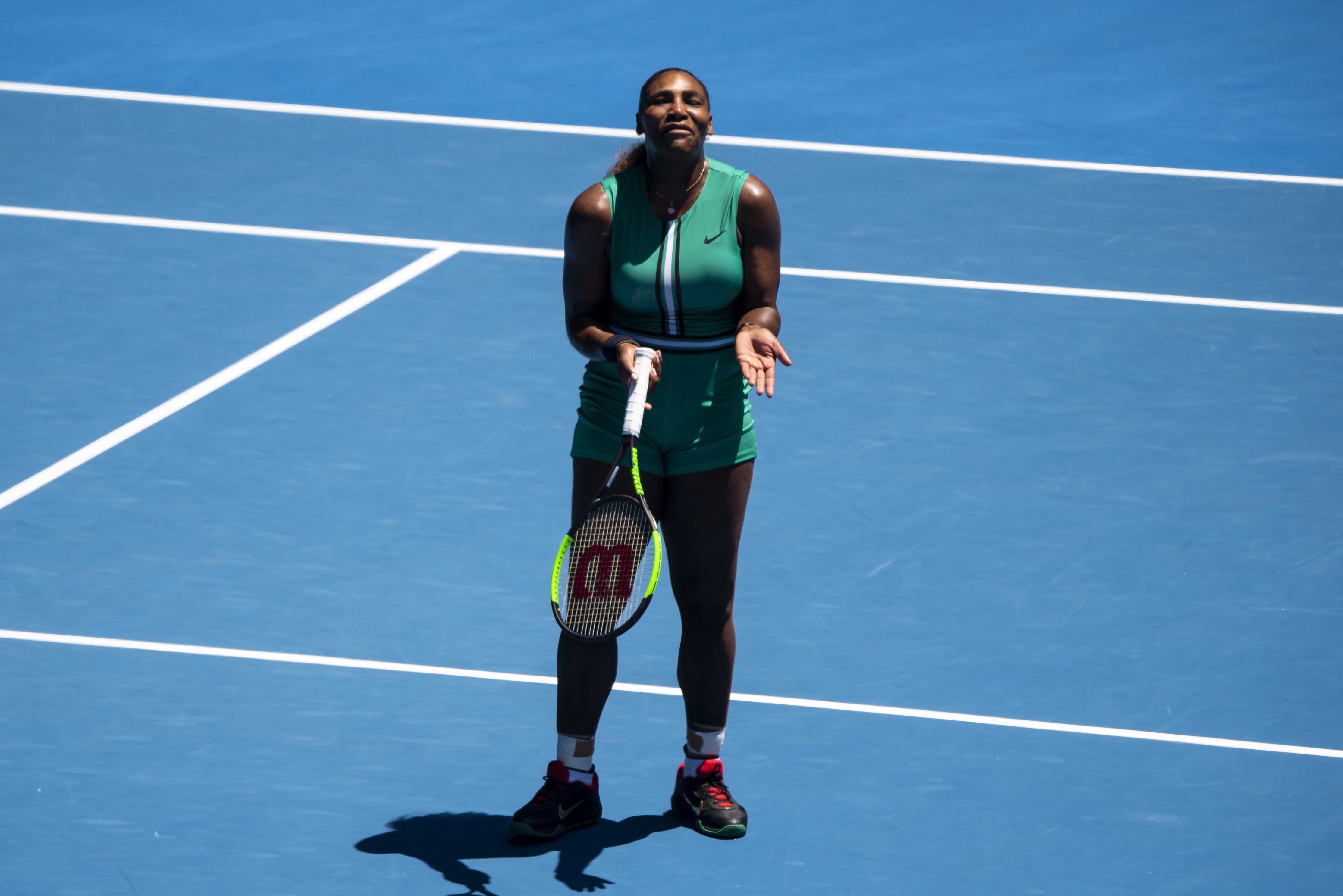 MELBOURNE, AUSTRALIA - JANUARY 23: Serena Williams of the United States shows her frustration against Karolina Pliskova of the Czech Republic during day 10 of the 2019 Australian Open at Melbourne Park on January 23, 2019 in Melbourne, Australia. (Photo by TPN/Getty Images)