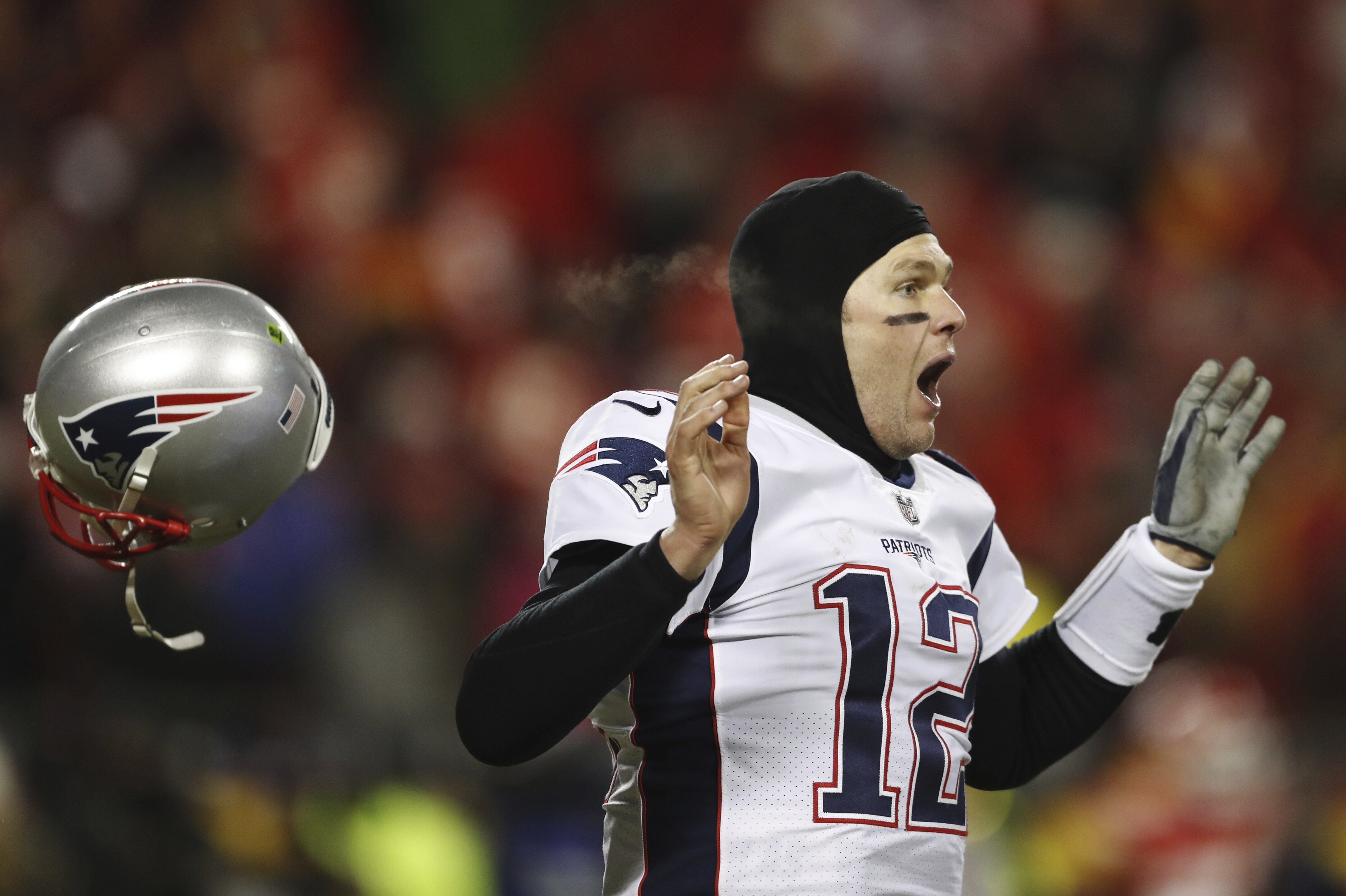 New England Patriots quarterback Tom Brady celebrates after defeating the Kansas City Chiefs in the AFC Championship NFL football game, Sunday, Jan. 20, 2019, in Kansas City, Mo. (AP Photo/Jeff Roberson)