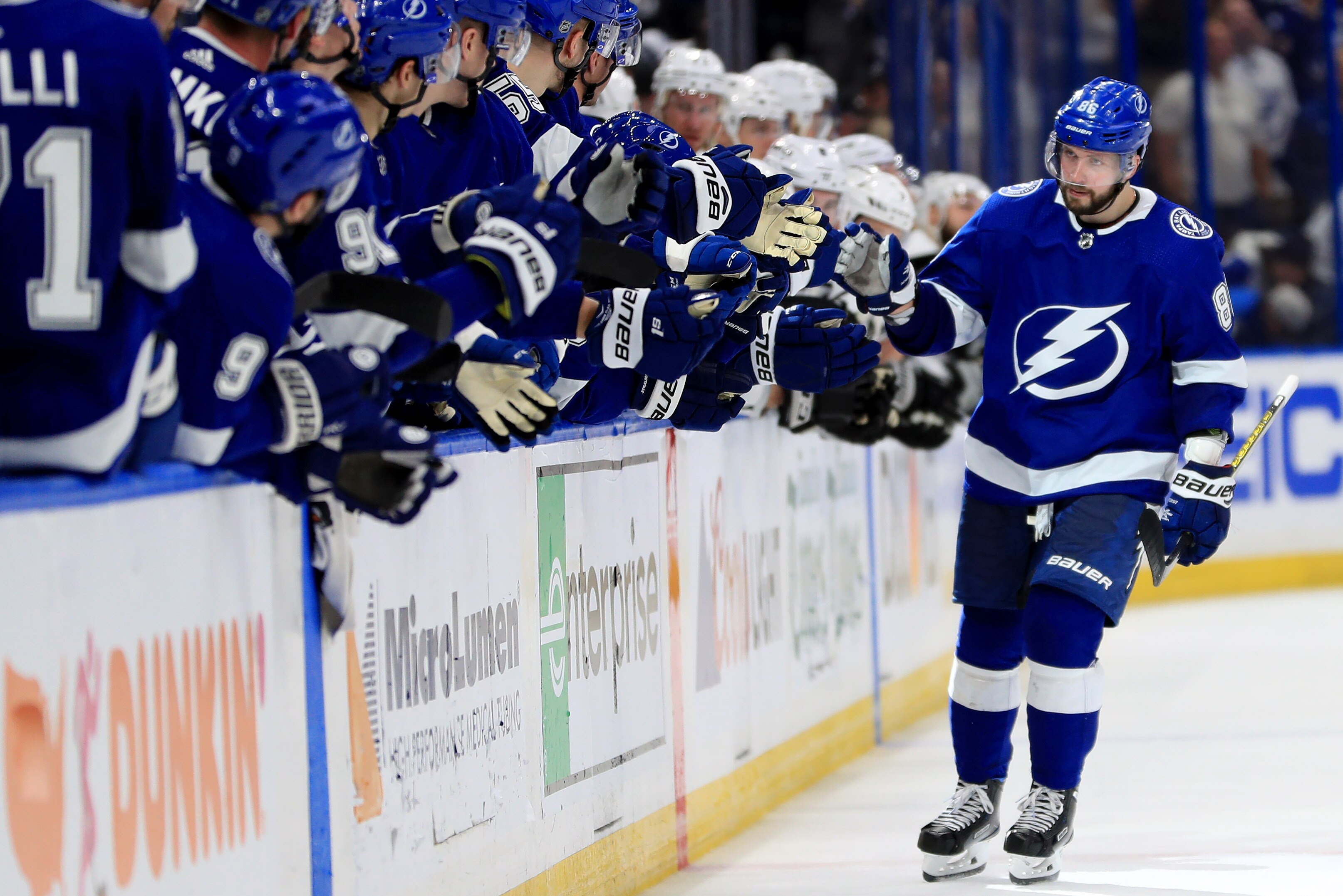 TAMPA, FLORIDA - FEBRUARY 25: Nikita Kucherov #86 of the Tampa Bay Lightning celebrates a shootout goal during a game against the Los Angeles Kings at Amalie Arena on February 25, 2019 in Tampa, Florida. (Photo by Mike Ehrmann/Getty Images)