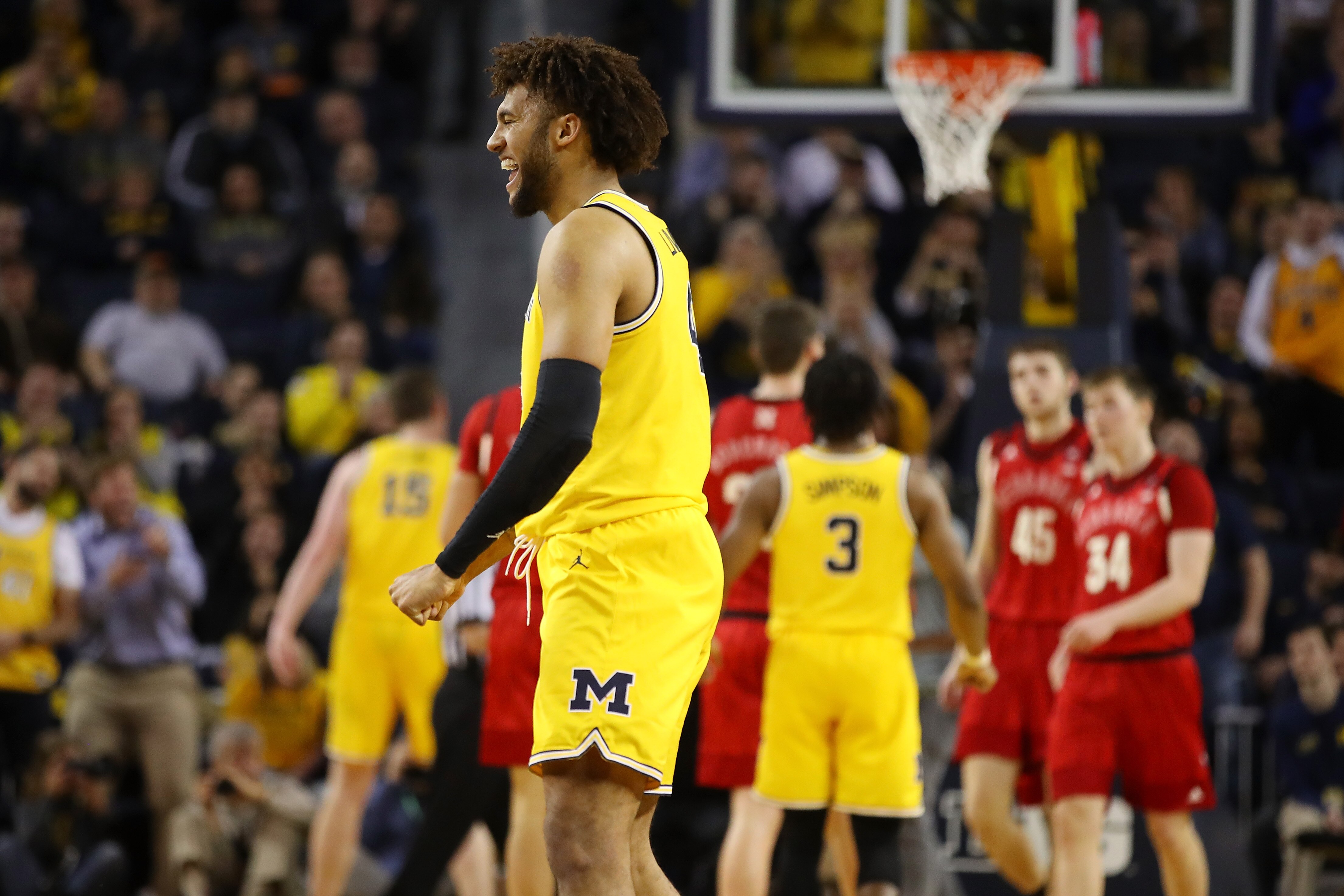 ANN ARBOR, MICHIGAN - FEBRUARY 28: Isaiah Livers #4 of the Michigan Wolverines reacts while playing the Nebraska Cornhuskers at Crisler Arena on February 28, 2019 in Ann Arbor, Michigan. (Photo by Gregory Shamus/Getty Images)