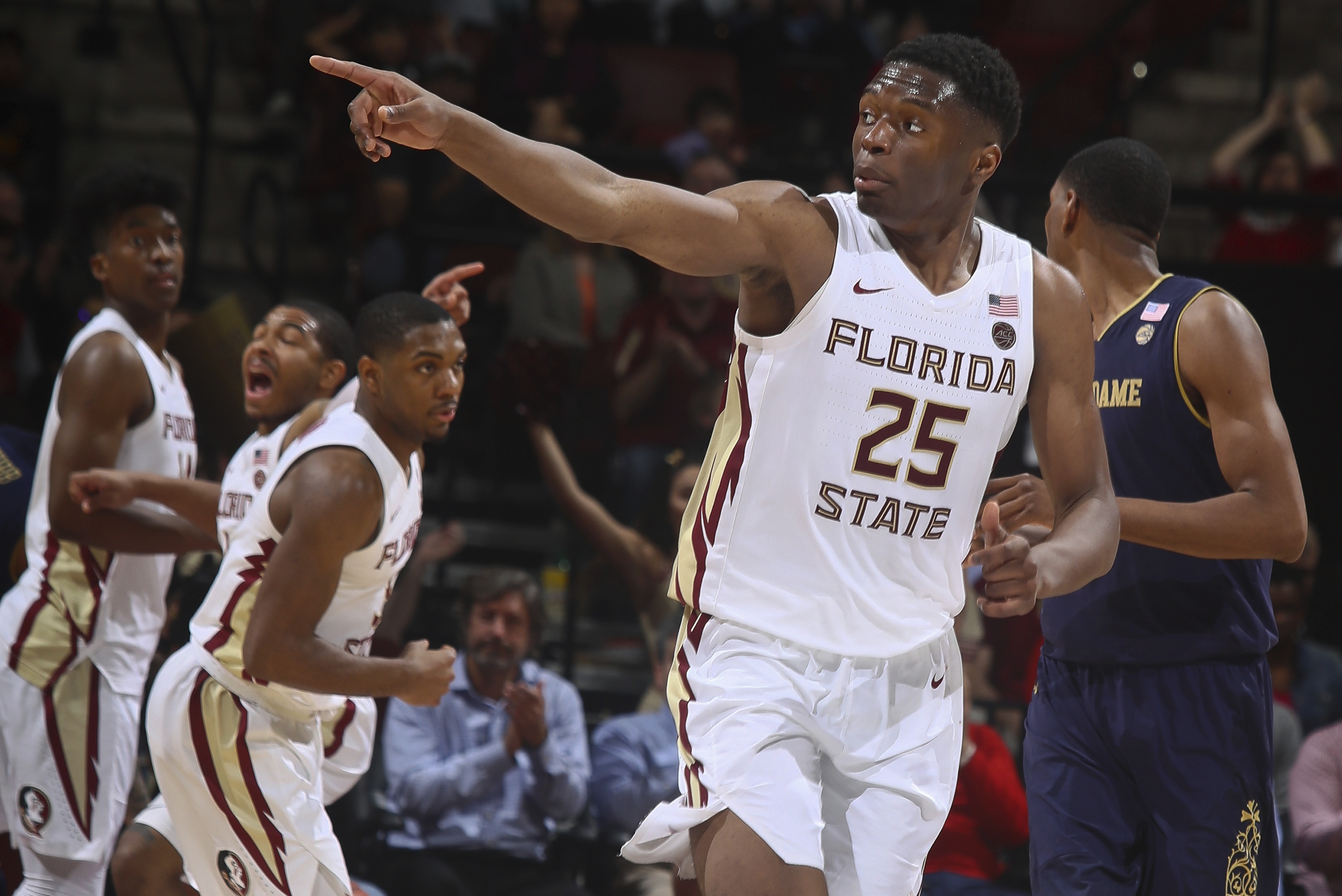 Florida State forward Mfiondu Kabengele (25) reacts in the final seconds of an NCAA college basketball game against Notre Dame in Tallahassee, Fla., Monday, Feb. 25, 2019. Florida State won 68-61. (AP Photo/Phil Sears)