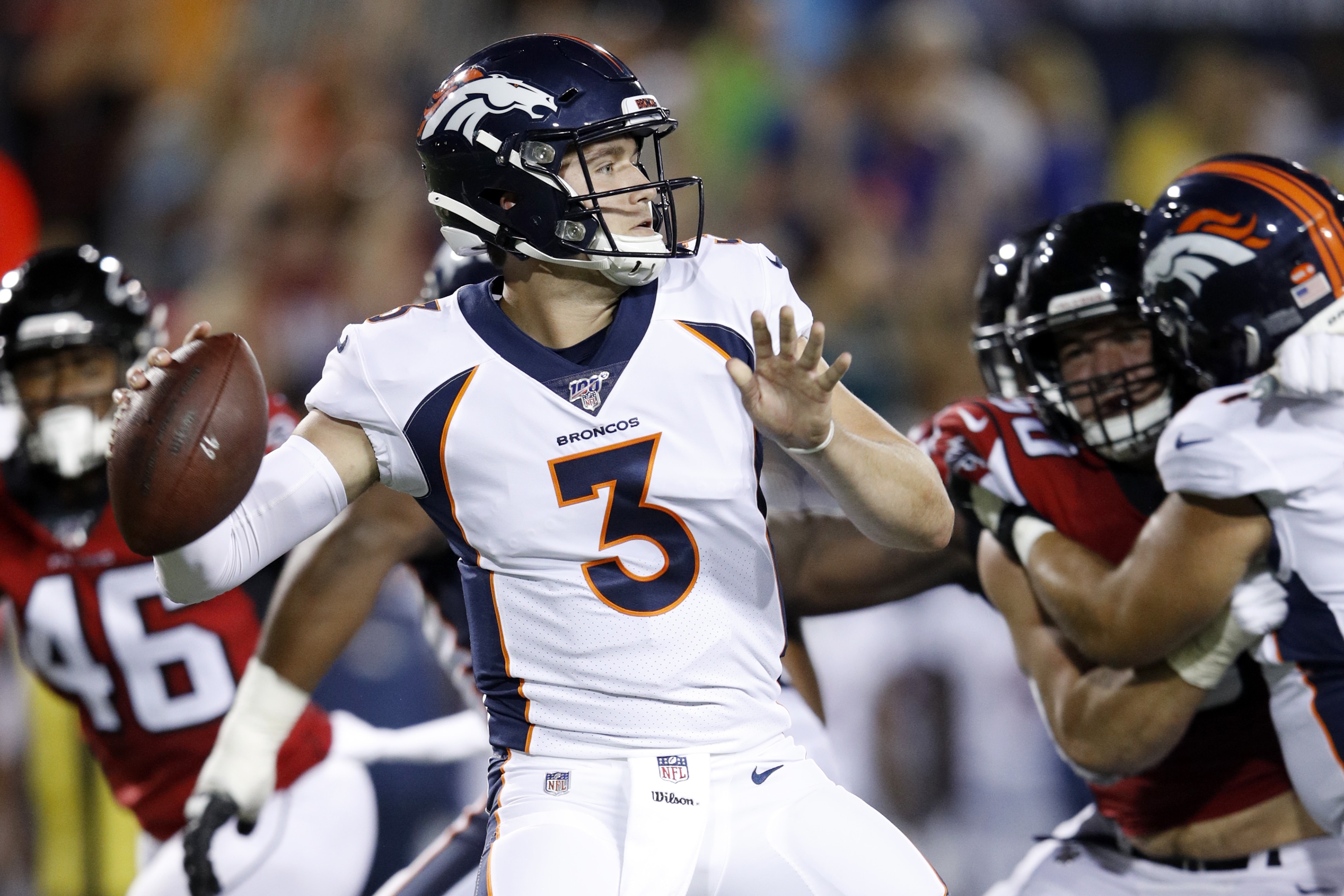 CANTON, OH - AUGUST 01: Drew Lock #3 of the Denver Broncos throws a pass in the first half of a preseason game against the Atlanta Falcons at Tom Benson Hall Of Fame Stadium on August 1, 2019 in Canton, Ohio. (Photo by Joe Robbins/Getty Images)