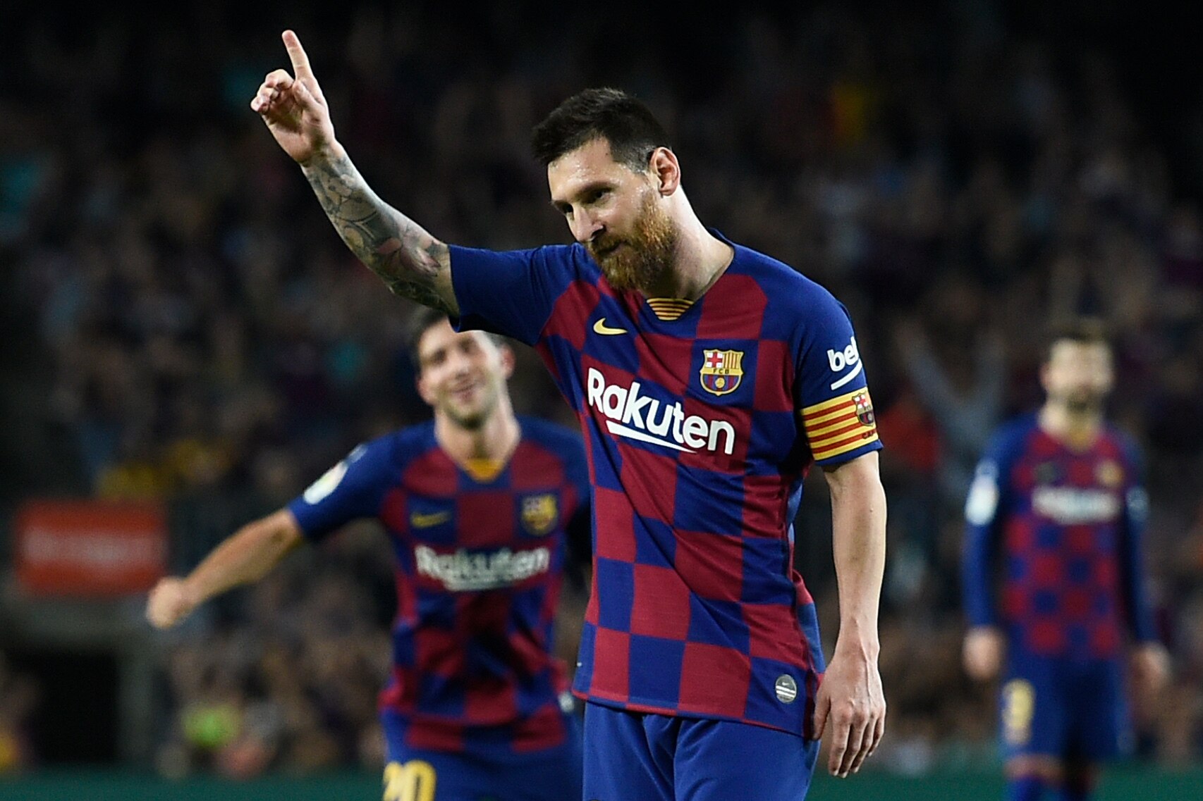 Barcelona's Argentine forward Lionel Messi celebrates his goal during the Spanish league football match between FC Barcelona and Sevilla FC at the Camp Nou stadium in Barcelona on October 6, 2019. (Photo by Josep LAGO / AFP) (Photo by JOSEP LAGO/AFP via Getty Images)