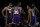 Los Angeles Lakers forward Jared Dudley (10) huddles, from left to right, with forward Troy Daniels (30), center Dwight Howard (39), guard Avery Bradley (11) and forward LeBron James (23) during the first half of an NBA basketball game in Los Angeles, Friday, Oct. 25, 2019. (AP Photo/Alex Gallardo)