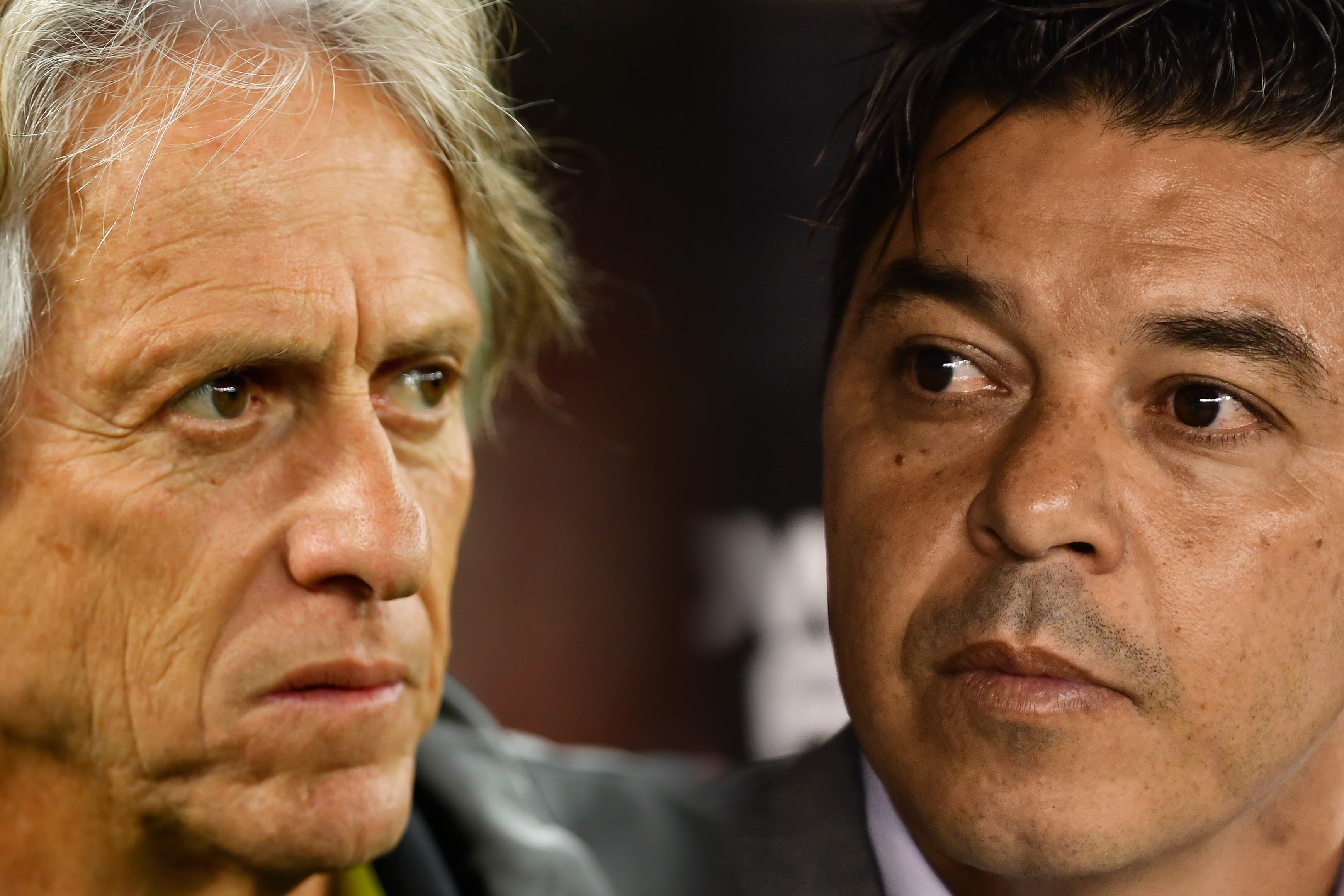 FILE PHOTO (EDITORS NOTE: COMPOSITE OF IMAGES - Image numbers 1160825745,1179353482 - GRADIENT ADDED) In this composite image a comparison has been made between Head coach Jorge Jesus of Flamengo (L) and Marcelo Gallardo head coach of River Plate. Flamengo and River Plate meet in the Copa CONMEBOL Libertadores 2019 at the Estadio Monumental on November 23,2019 in Lima,Peru. ***LEFT IMAGE*** RIO DE JANEIRO, BRAZIL - AUGUST 10: Head coach Jorge Jesus of Flamengo in action during a match between Flamengo and Gremio as part of Brasileirao Series A 2019 at Maracana Stadium on August 10, 2019 in Rio de Janeiro, Brazil. (Photo by Bruna Prado/Getty Images) ***RIGHT IMAGE*** BUENOS AIRES, ARGENTINA - MARCH 02: Marcelo Gallardo head coach of River Plate looks on during a match between River Plate and Newell's Old Boys as part of Superliga 2018/19 at Estadio Monumental Antonio Vespucio Liberti on March 2, 2019 in Buenos Aires, Argentina. (Photo by Amilcar Orfali/Getty Images)