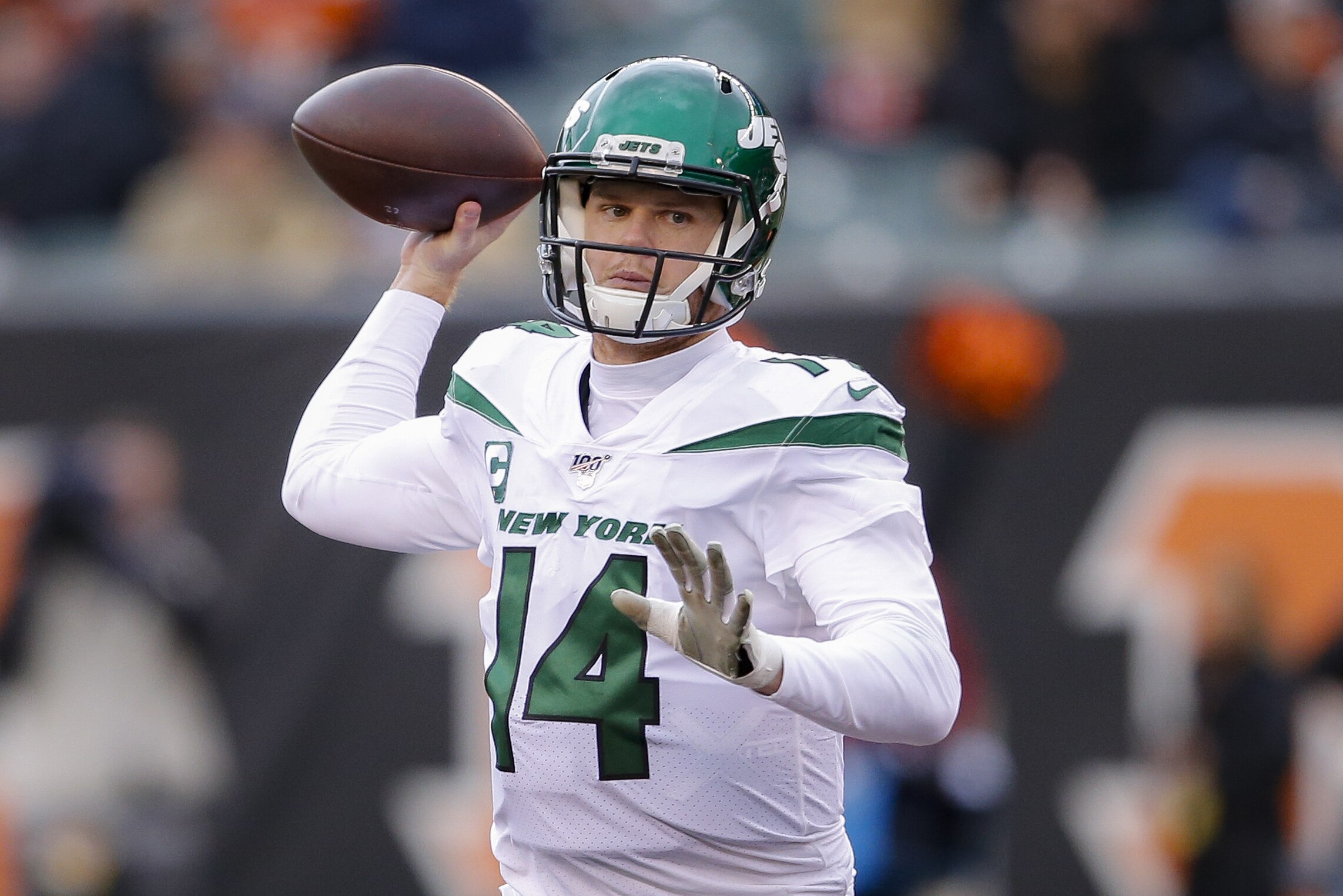 New York Jets quarterback Sam Darnold passes during the first half of an NFL football game against the Cincinnati Bengals, Sunday, Dec. 1, 2019, in Cincinnati. (AP Photo/Gary Landers)