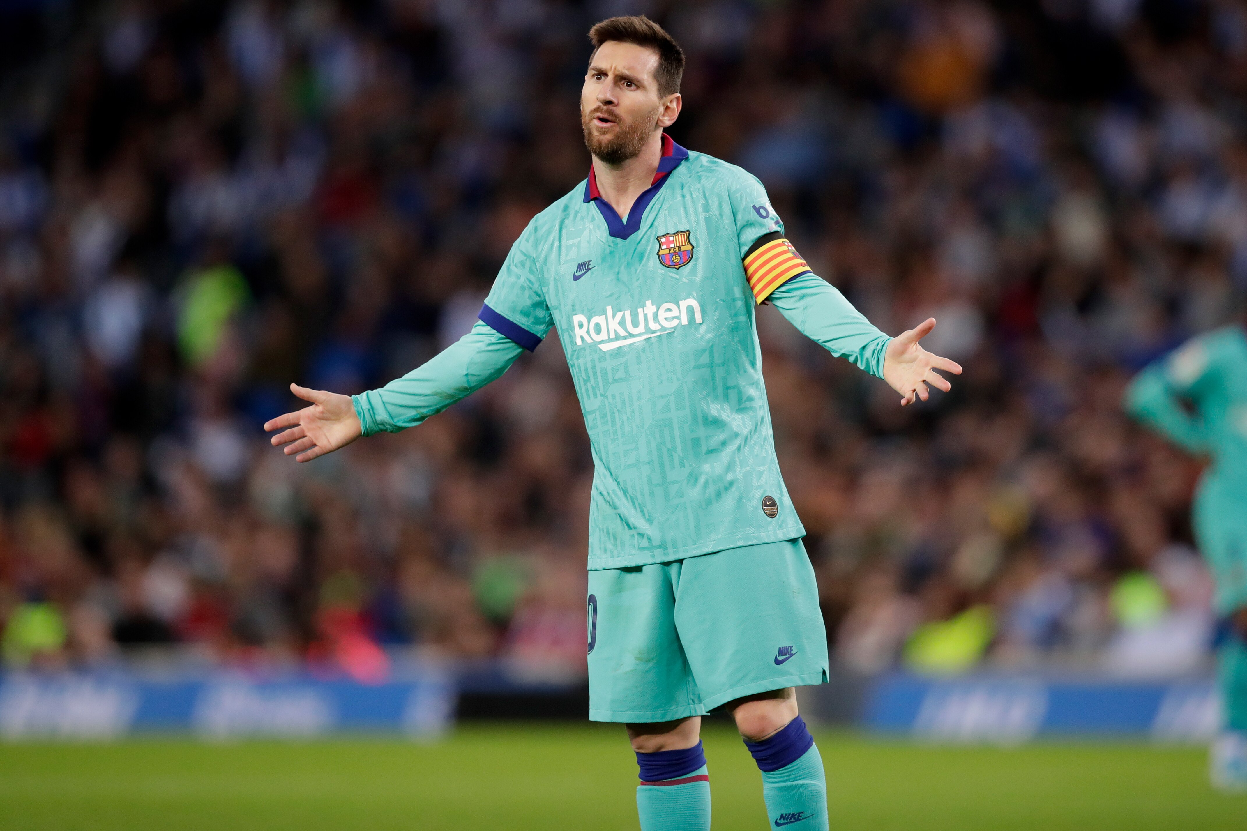 SAN SEBASTIAN, SPAIN - DECEMBER 14: Lionel Messi of FC Barcelona during the La Liga Santander match between Real Sociedad v FC Barcelona at the Estadio Anoeta on December 14, 2019 in San Sebastian Spain (Photo by David S. Bustamante/Soccrates/Getty Images)