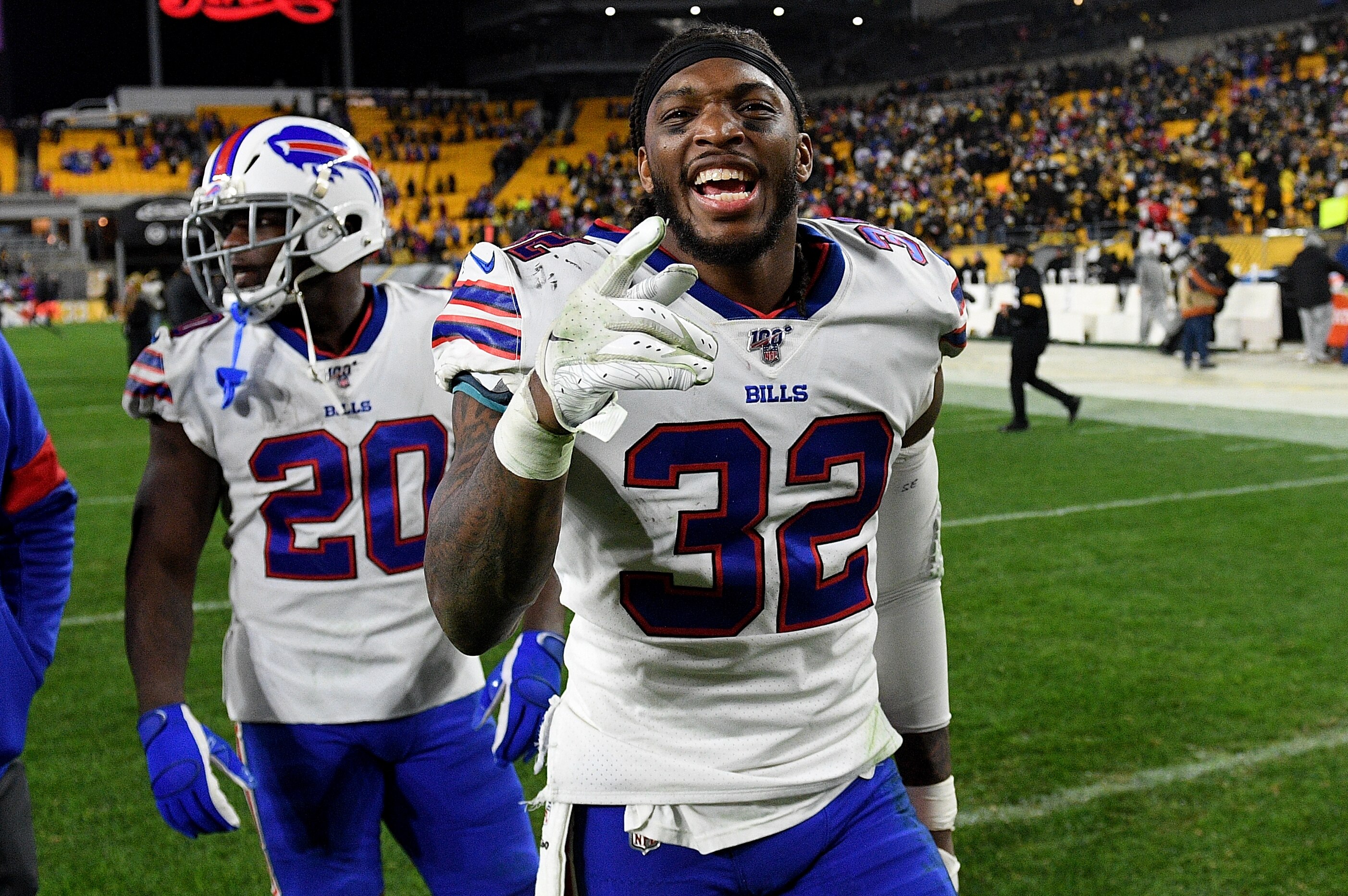 PITTSBURGH, PA - DECEMBER 15: Senorise Perry #32 of the Buffalo Bills celebrates as he walks off the field after the Bills 17-10 win over the Pittsburgh Steelers at Heinz Field on December 15, 2019 in Pittsburgh, Pennsylvania. (Photo by Justin Berl/Getty Images)