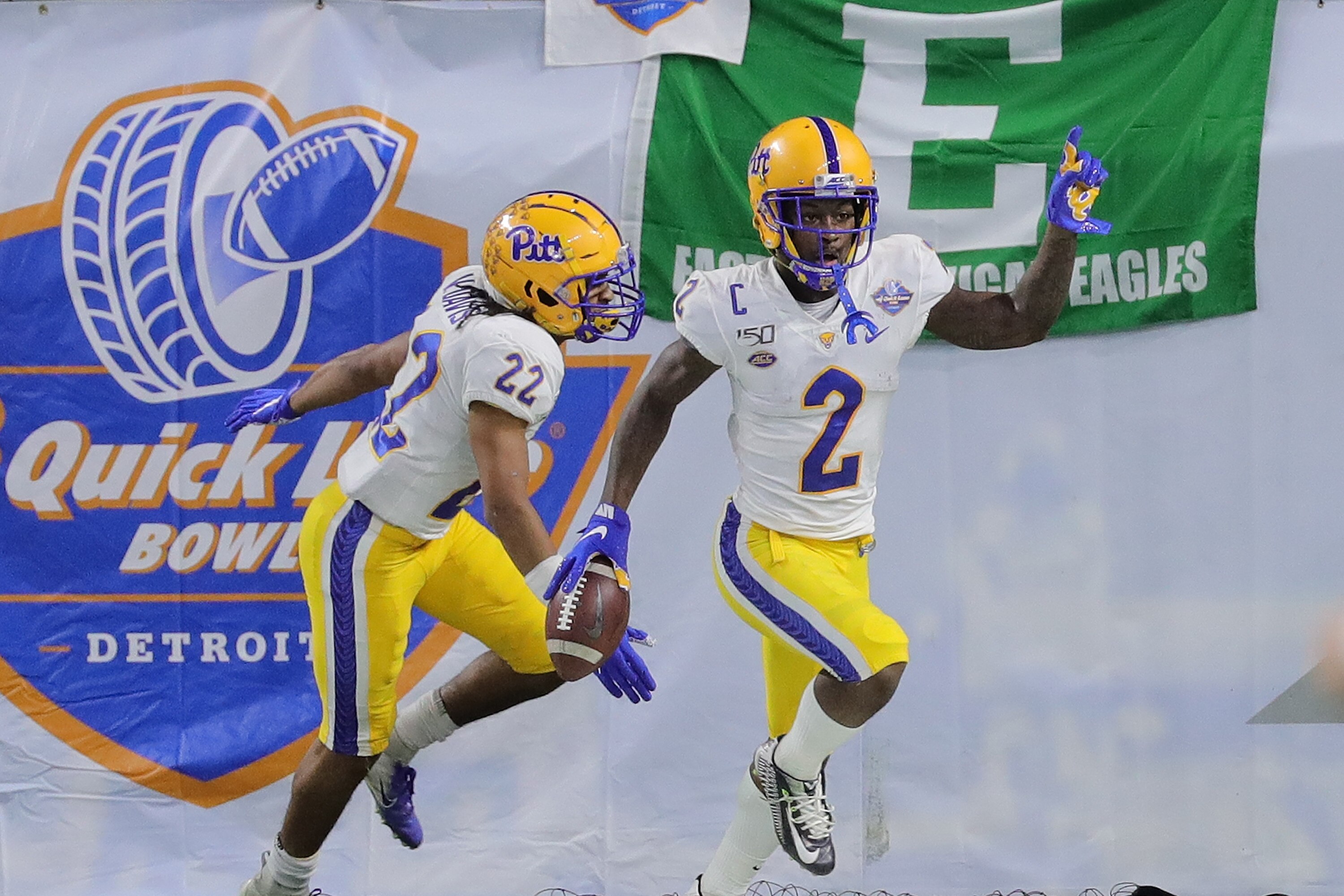 DETROIT, MI - DECEMBER 26: Maurice Ffrench #2 of the Pittsburgh Panthers celebrates a 96 yard touchdown pass during the second quarter of the game against the Eastern Michigan Eagles at the Quick Lane Bowl at Ford Field on December 26, 2019 in Detroit, Michigan. (Photo by Leon Halip/Getty Images)