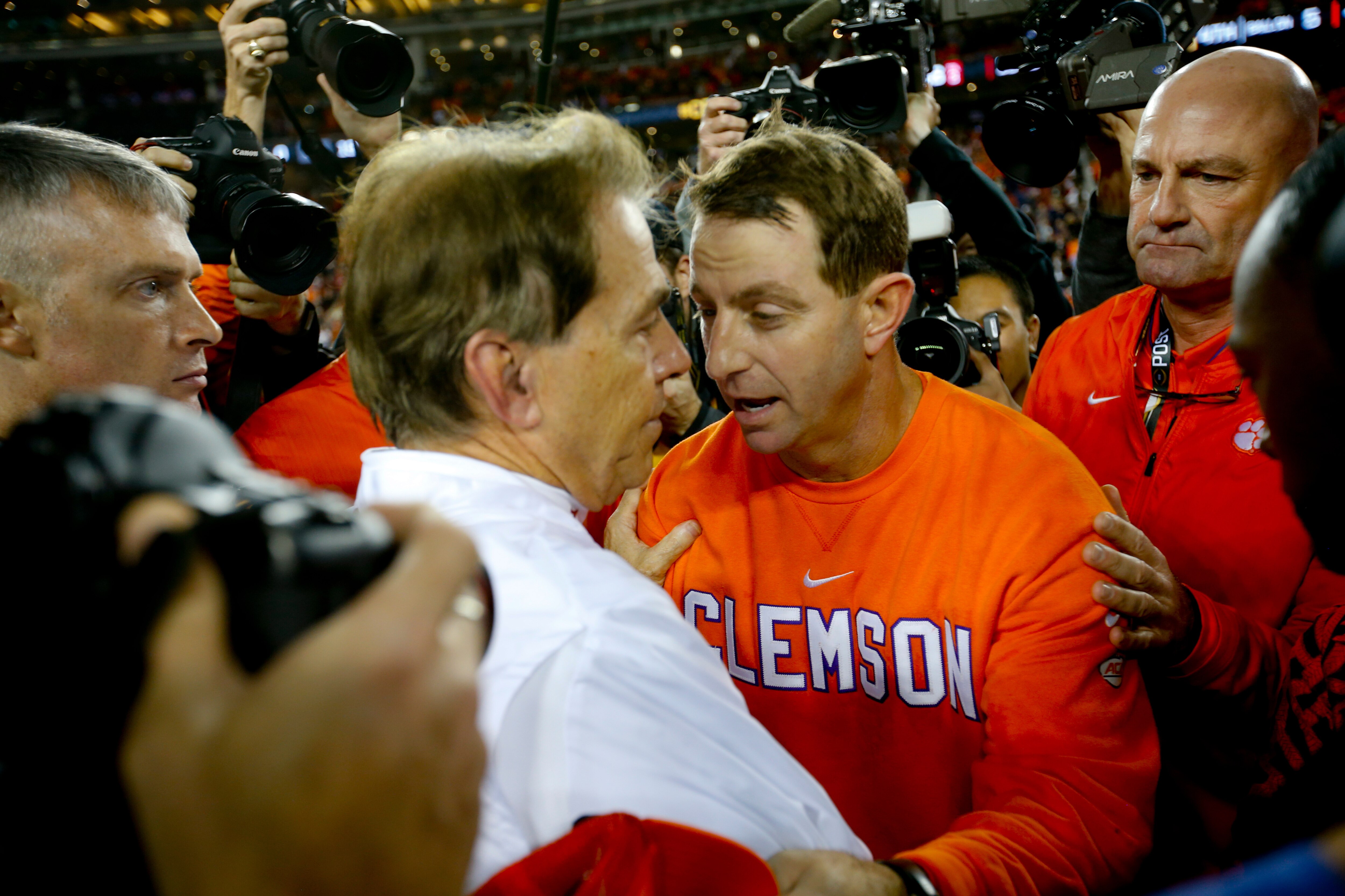 SANTA CLARA, CA - JANUARY 07: Head Coach Nick Saban of the Alabama Crimson Tide and Head Coach Dabo Swinney of the Clemson Tigers shake hands on the field following the CFP National Championship presented by AT&T at Levi's Stadium on January 7, 2019 in Santa Clara, California (Photo by Michael Zagaris/Getty Images)