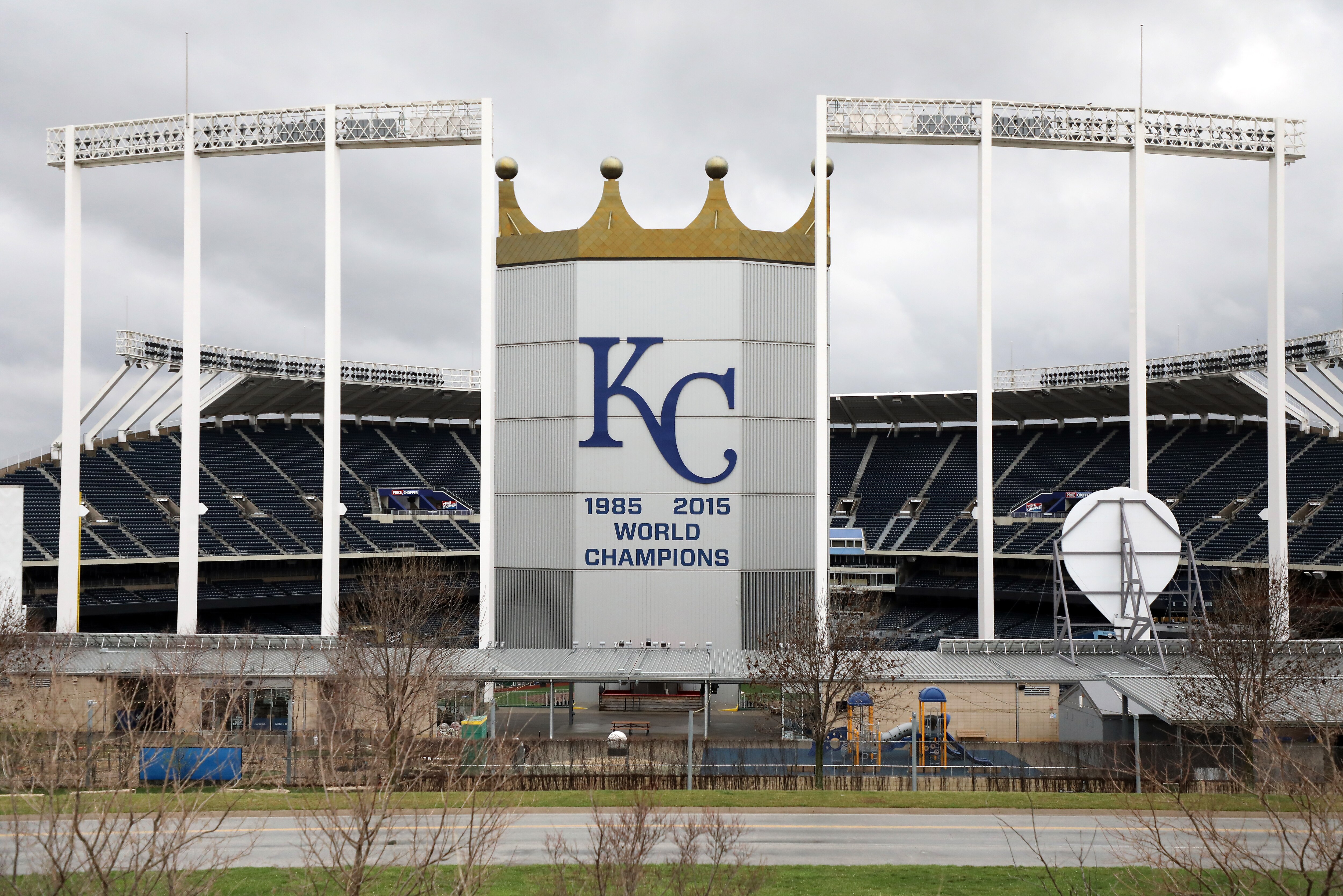 KANSAS CITY, MO - MARCH 19: A general view of Kauffman Stadium, home of the Kansas City Royals, as it sits empty as Major League Baseball has shut down competition due to coronavirus on March 19, 2020 in Kansas City, Missouri. The NBA, NHL, NCAA and MLB have all announced cancellations or postponements of events because of COVID-19. (Photo by Jamie Squire/Getty Images)