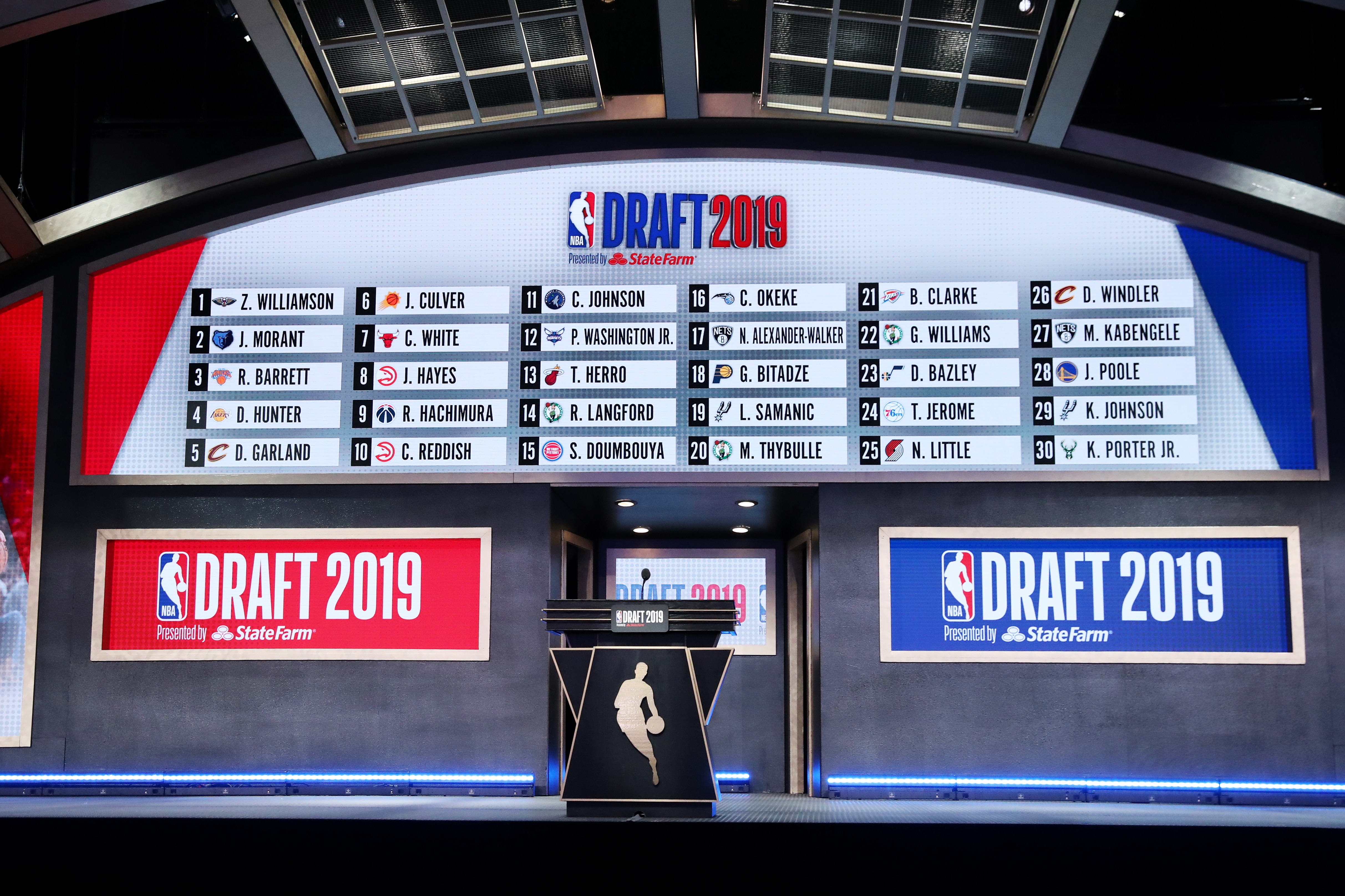 BROOKLYN, NY - JUNE 20: A general view of the stage and draft board at the end of the first round during the 2019 NBA Draft on June 20, 2019 at Barclays Center in Brooklyn, New York. NOTE TO USER: User expressly acknowledges and agrees that, by downloading and/or using this photograph, user is consenting to the terms and conditions of the Getty Images License Agreement. Mandatory Copyright Notice: Copyright 2019 NBAE (Photo by Nathaniel S. Butler/NBAE via Getty Images)
