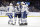 Toronto Maple Leafs players, including center Jason Spezza (19), center Frederik Gauthier (33), and left wing Kyle Clifford (73) celebrate a goal by Jake Muzzin during the first period of an NHL hockey game against the Tampa Bay Lightning Tuesday, Feb. 25, 2020, in Tampa, Fla. (AP Photo/Chris O'Meara)