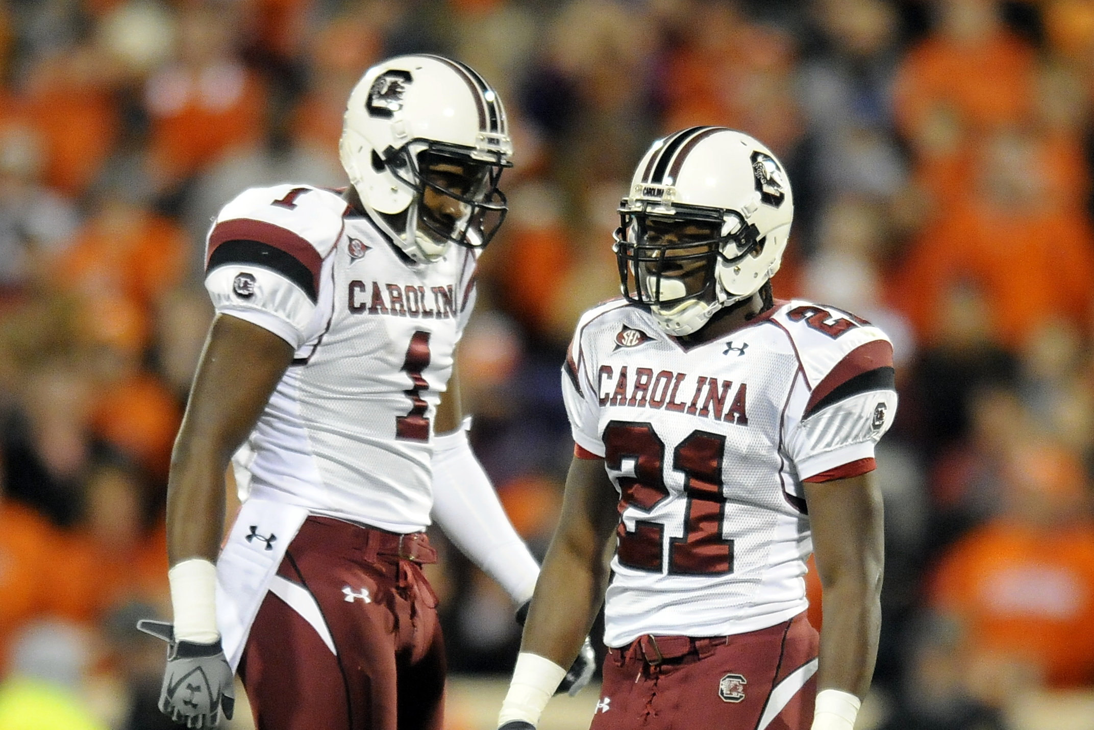 South Carolina's Alshon Jeffery (1) and Marcus Lattimore (21) take the field during the second half of an NCAA college football game against Clemson Saturday Nov. 27, 2010 at Memorial Stadium in Clemson, S.C.(AP Photo/ Richard Shiro)