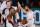 Portland Trail Blazers' Damian Lillard, left, and Jusuf Nurkic celebrate the team's win over the Philadelphia 76ers in an NBA basketball game Sunday, Aug. 9, 2020, in Lake Buena Vista, Fla. (Kevin C. Cox/Pool Photo via AP)