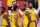 Los Angeles Lakers' LeBron James, second from right, Kyle Kuzma (0) and Anthony Davis, right, look on at the half during Game 2 of an NBA basketball first-round playoff series against the Portland Trail Blazers, Thursday, Aug. 20, 2020, in Lake Buena Vista, Fla. (Kevin C. Cox/Pool Photo via AP)