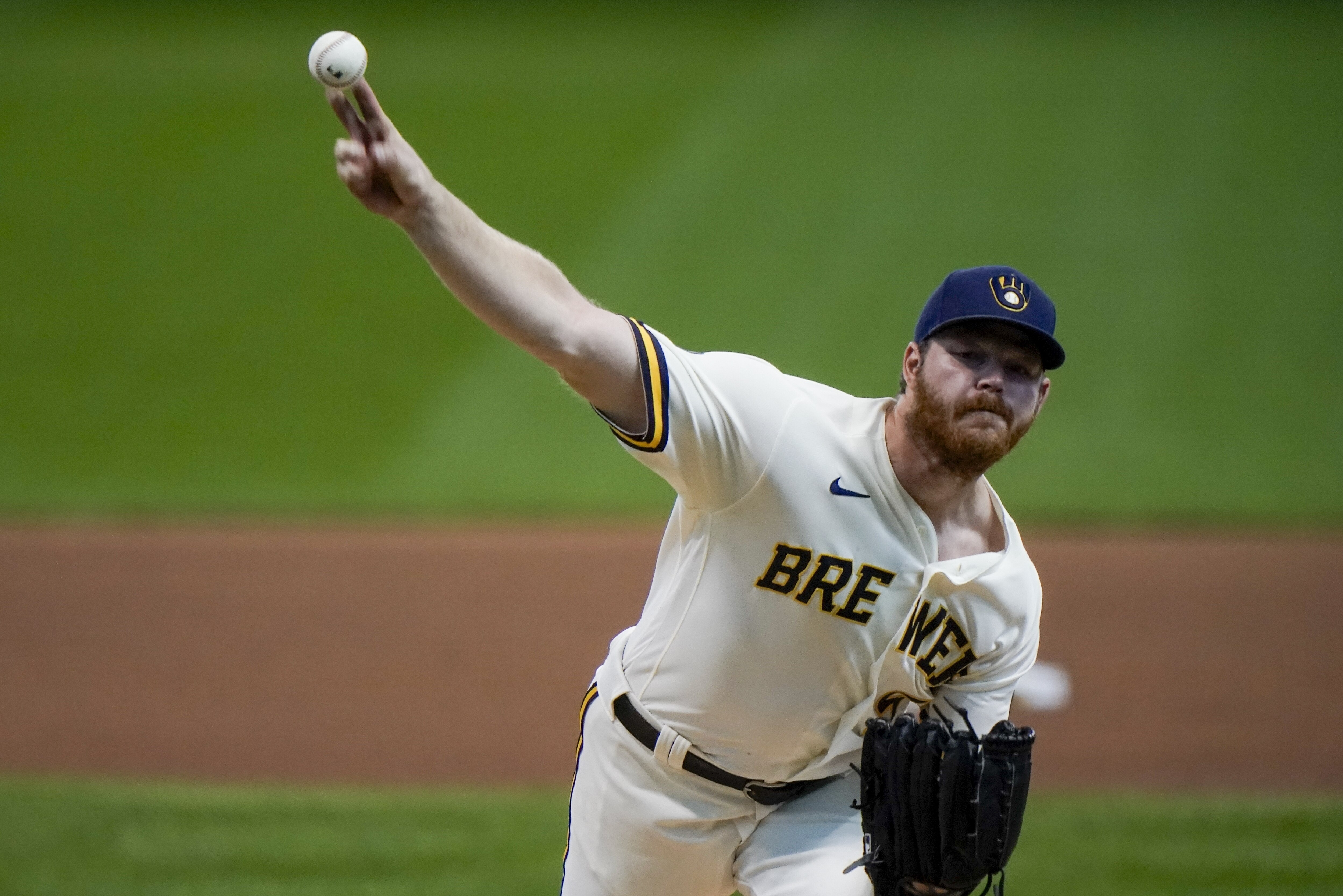 Milwaukee Brewers starting pitcher Brandon Woodruff throws during the first inning of the first game of a baseball doubleheader against the St. Louis Cardinals Wednesday, Sept. 16, 2020, in Milwaukee. (AP Photo/Morry Gash)