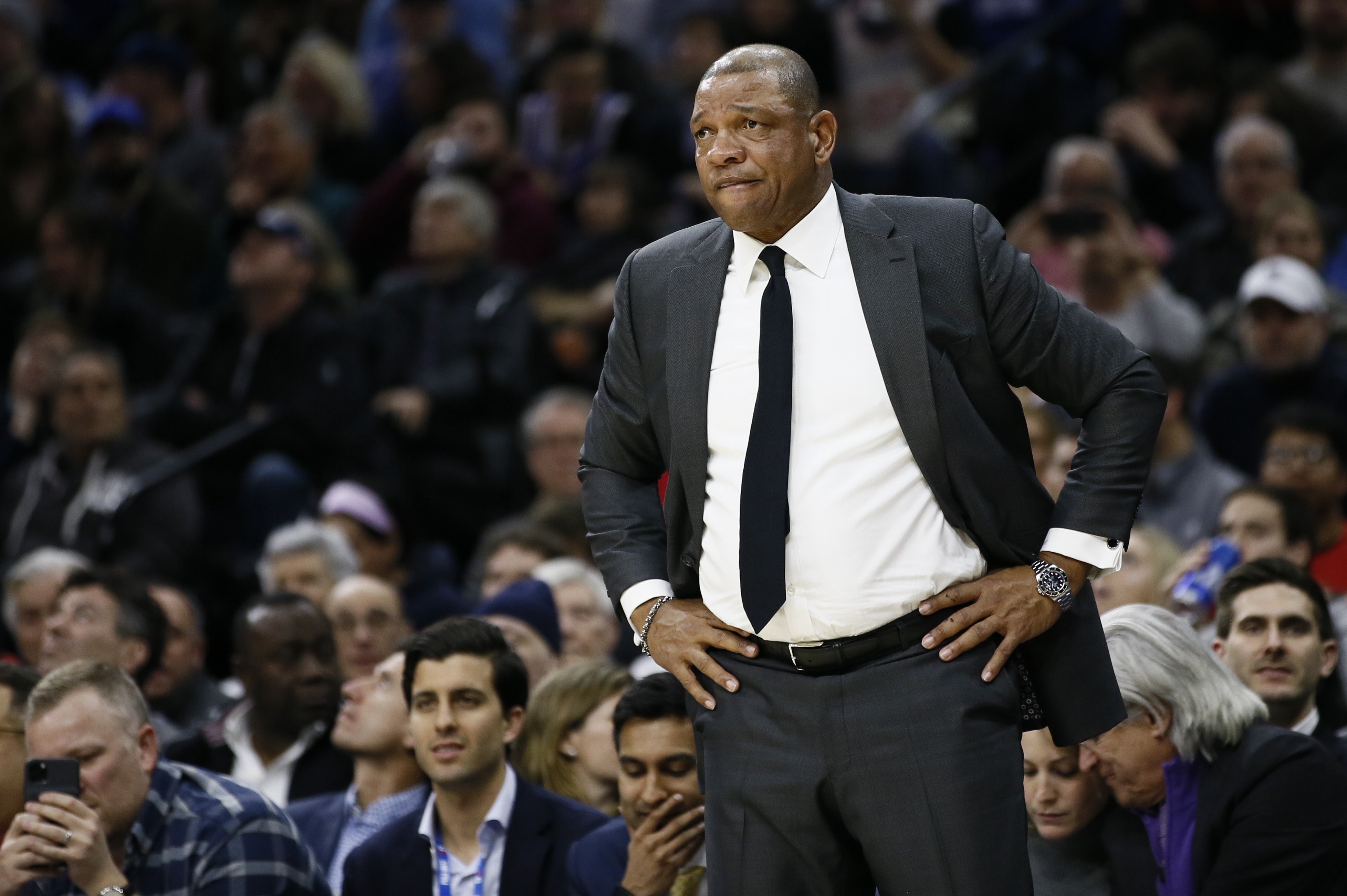 Los Angeles Clippers' Doc Rivers coaches during an NBA basketball game against the Philadelphia 76ers, Tuesday, Feb. 11, 2020, in Philadelphia. (AP Photo/Matt Slocum)