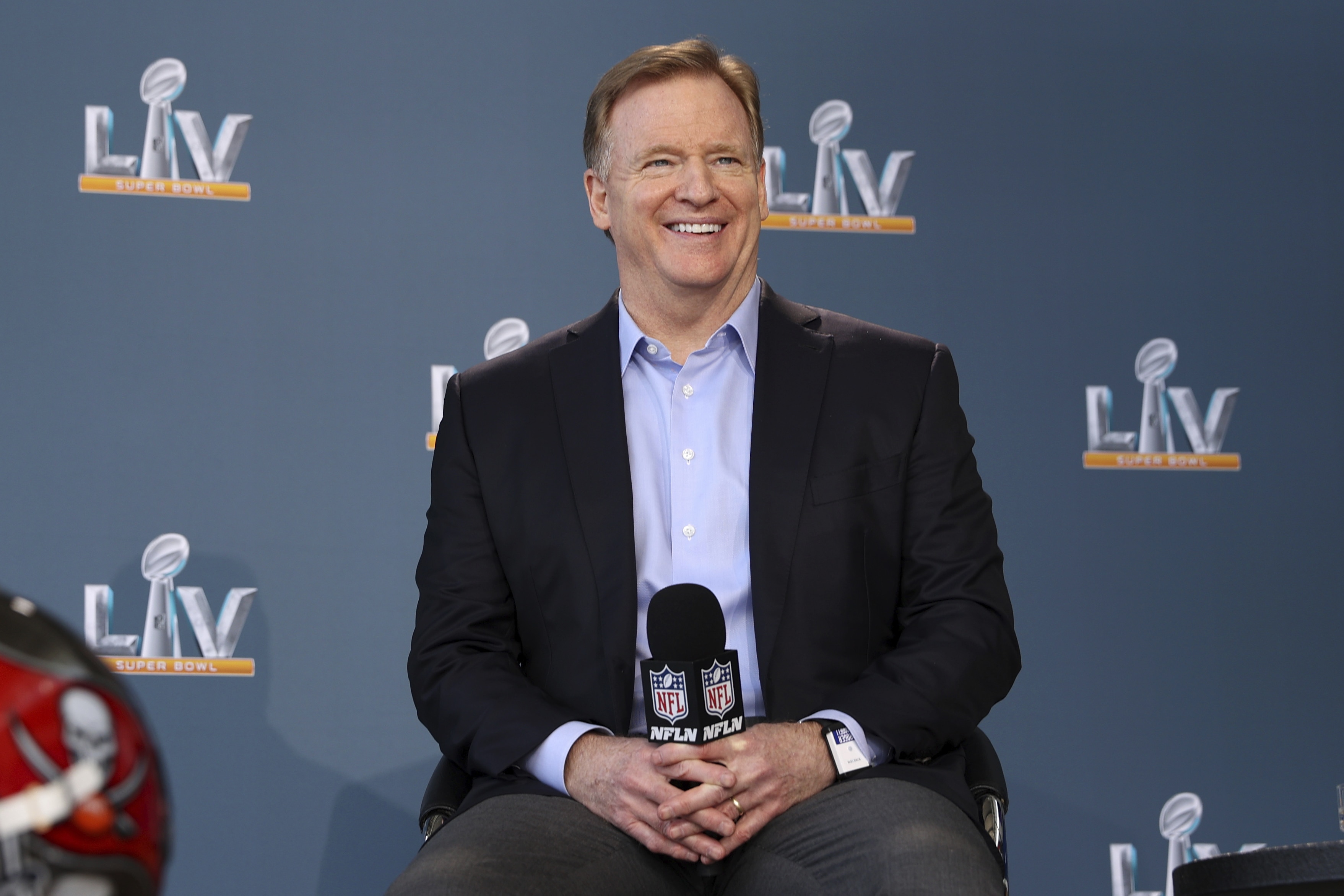 NFL football commissioner Roger Goodell speaks at a press conference ahead of Super Bowl 55, Thursday, Feb. 4, 2021, in Tampa, Fla. (Perry Knotts/NFL via AP)