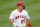 Los Angeles Angels' Mike Trout (27) walks back to first base during the first inning of a baseball game against the Cleveland Indians Monday, May 17, 2021, in Anaheim, Calif. (AP Photo/Ashley Landis)