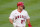 Los Angeles Angels' Mike Trout (27) walks back to first base during the first inning of a baseball game against the Cleveland Indians Monday, May 17, 2021, in Anaheim, Calif. (AP Photo/Ashley Landis)