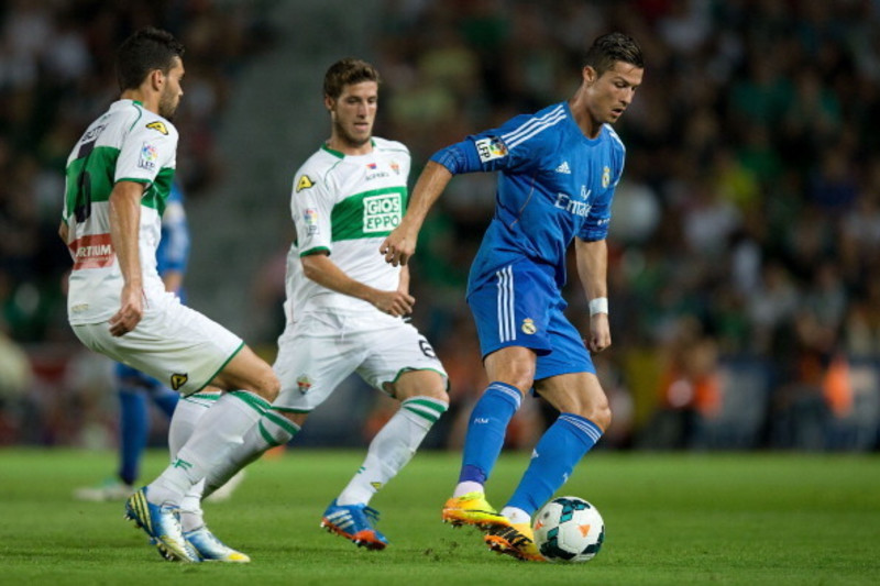 Real Madrid's Cristiano Ronaldo has just scored the 0-1 leading goal during  the Spanish La Liga football match, Elche FC Vs Real Madrid CF at Estadio  Manuel Martinez Valero in Elche, Spain