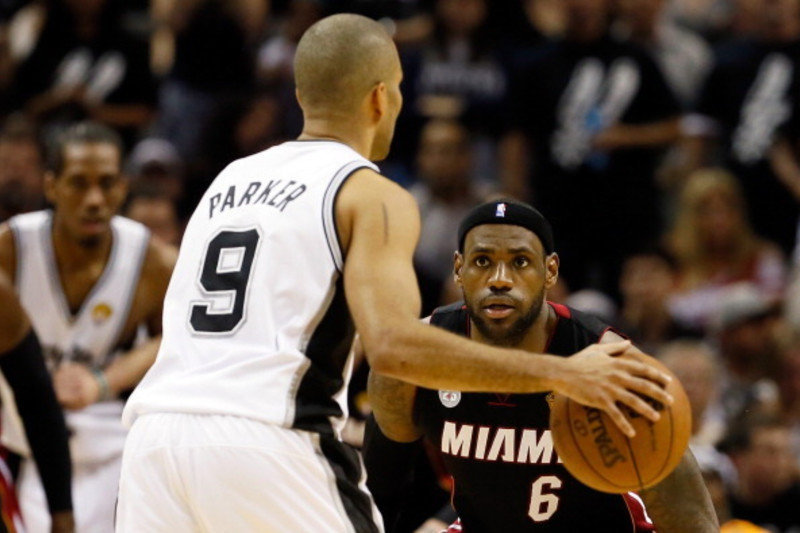 SAN ANTONIO, TX - JUNE 16:  LeBron James #6 of the Miami Heat plays defense on Tony Parker #9 of the San Antonio Spurs in the fourth quarter during Game Five of the 2013 NBA Finals at the AT&T Center on June 16, 2013 in San Antonio, Texas. NOTE TO USER: U