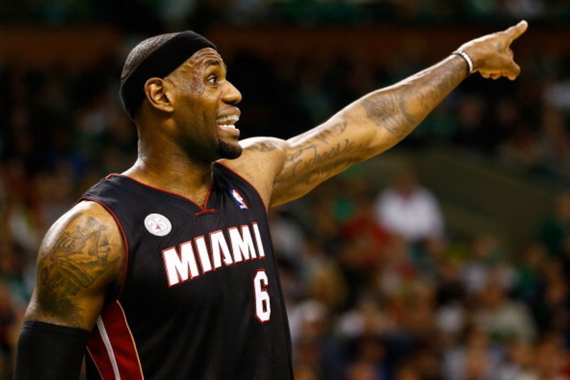 BOSTON, MA - JANUARY 27: LeBron James #6 of the Miami Heat signals to his bench during the game against the Boston Celtics on January 27, 2013 at TD Garden in Boston, Massachusetts. NOTE TO USER: User expressly acknowledges and agrees that, by downloading