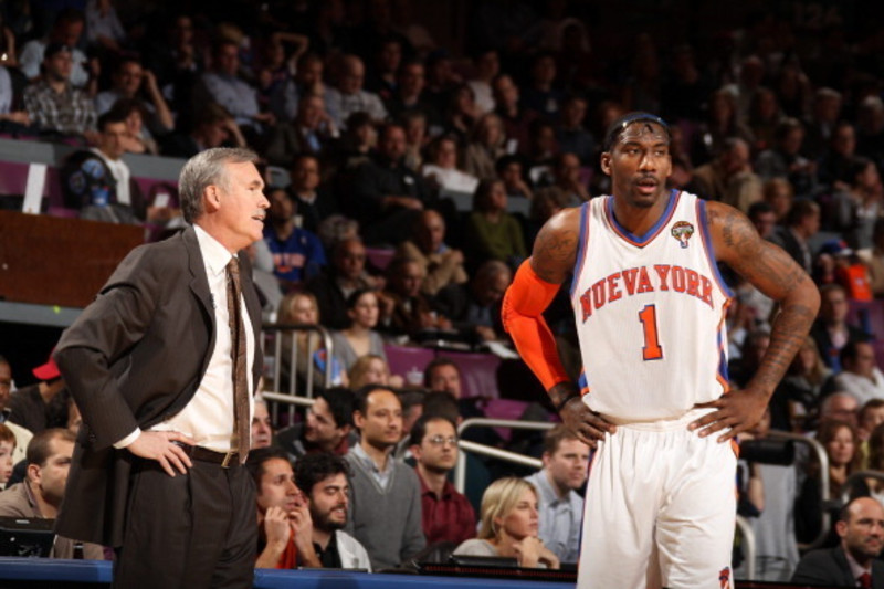 New York Knicks Amar'e Stoudemire puts his hand to his chest in