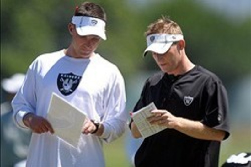 Oakland Raiders' head coach Dennis Allen looks at the replay