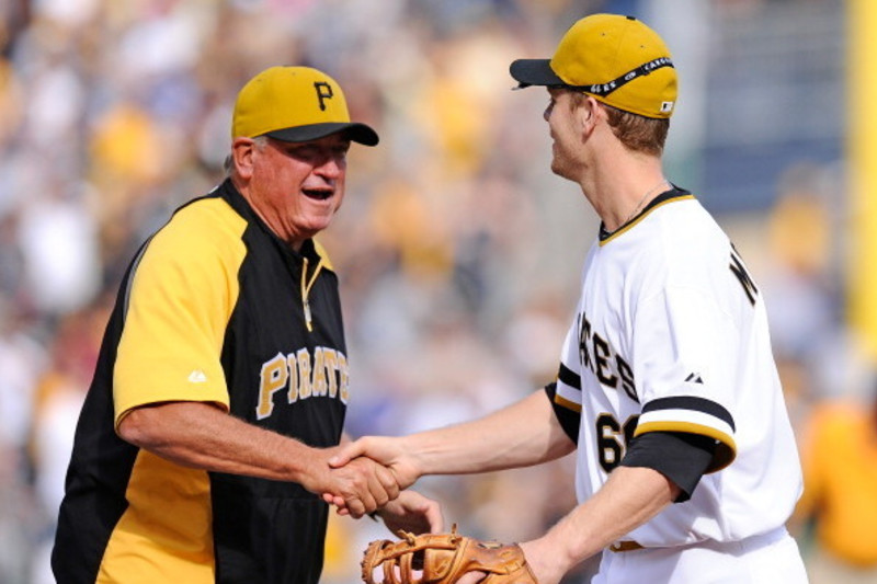 Pittsburgh Pirates manager Clint Hurdle shows the All-Star jersey for  starting pitcher Gerrit Cole after he accepted it for Col before a baseball  game against the St. Louis Cardinals, Sunday, July 12, 2015, in Pittsburgh.  (AP Photo/Keith Srakocic Stoc