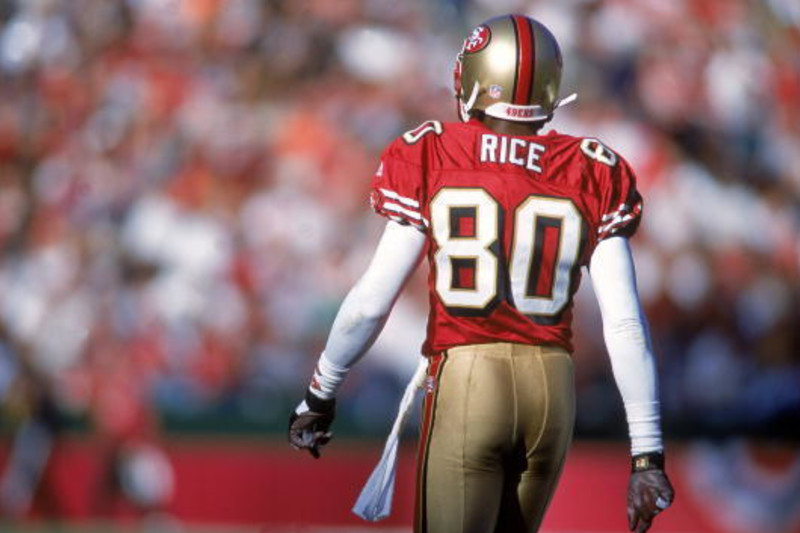 Wide Receiver Jerry Rice #80 of the San Francisco 49ers warms-up