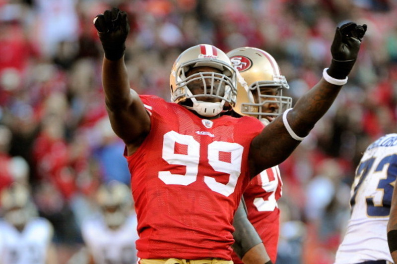 San Francisco 49ers linebacker Aldon Smith (99) against the St. Louis Rams  in an NFL football game in San Francisco, Sunday, Dec. 4, 2011. (AP  Photo/Paul Sakuma Stock Photo - Alamy