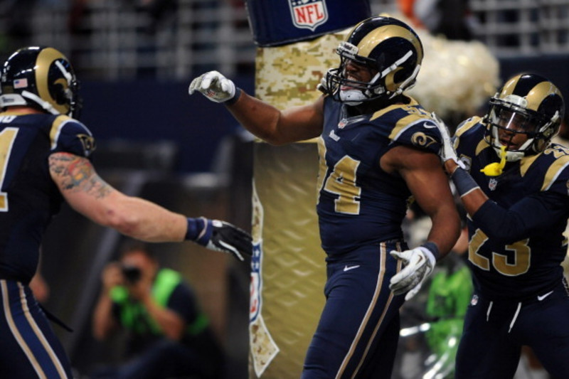 St. Louis Rams defensive end Robert Quinn (94) celebrates a